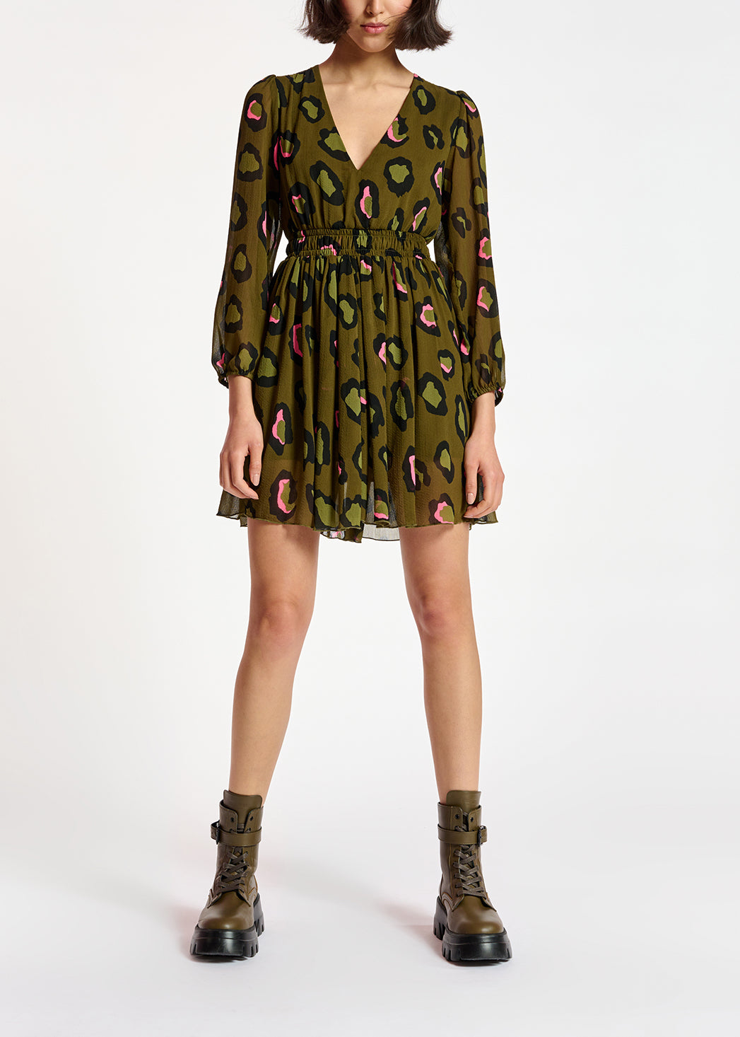 Khaki leopard-print mini dress RE—SSENTIEL | Essentiel second hand