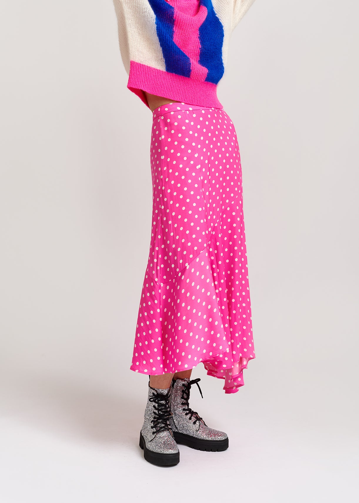 Jupe midi rose fluo à pois RE—SSENTIEL | Essentiel second hand