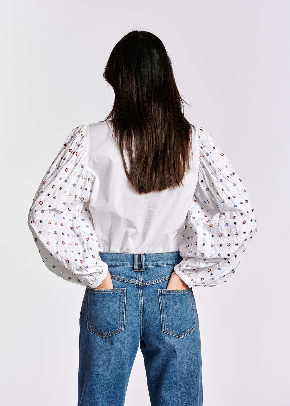 White mirror-embroidered puffed-sleeve shirt RE—SSENTIEL | Essentiel second hand