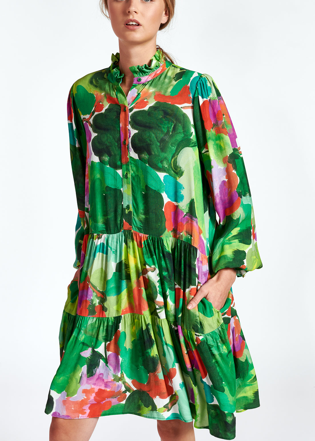 Mini robe trapèze à imprimé aquarelle vert, rouge et pourpre RE—SSENTIEL | Essentiel second hand