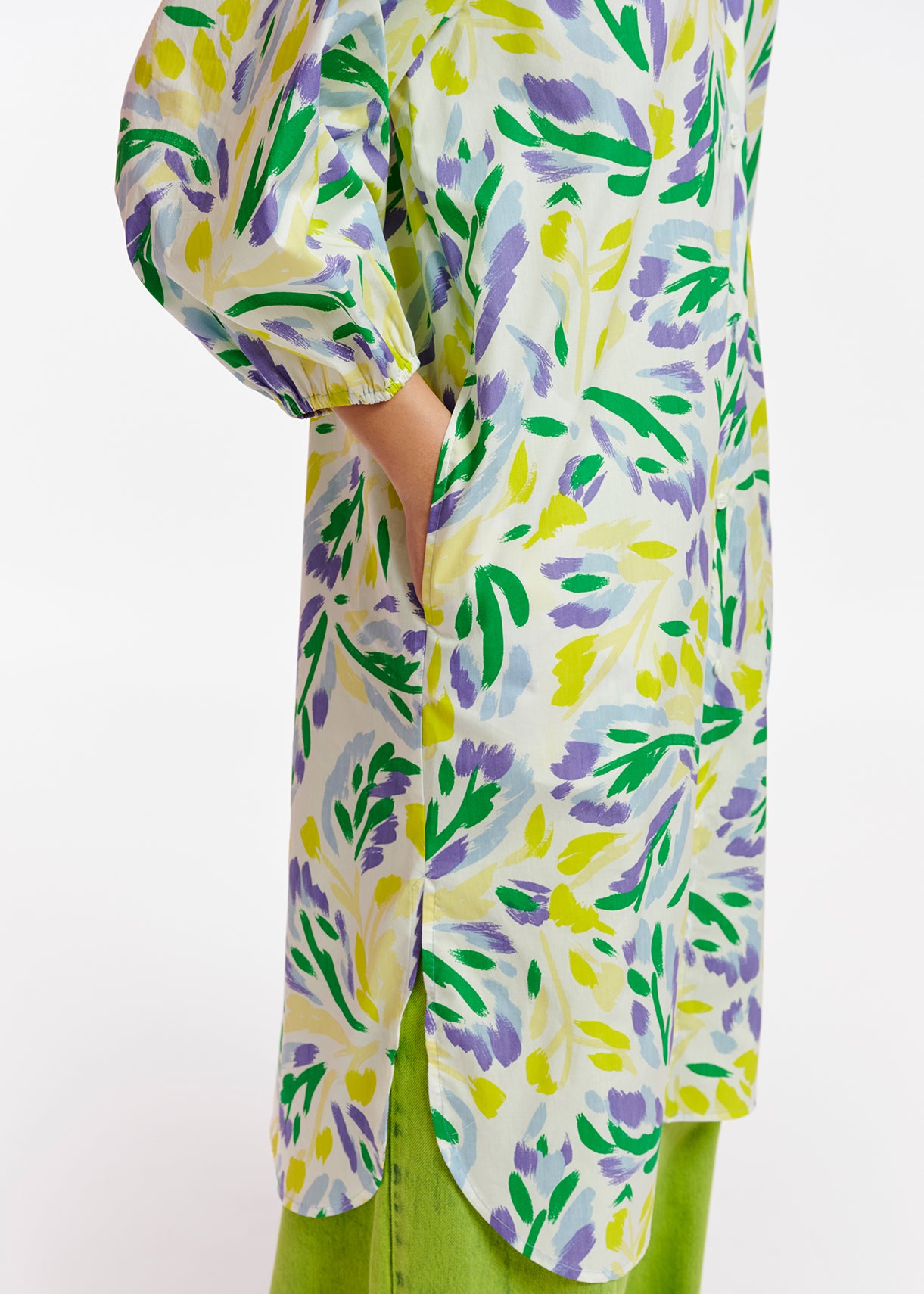 White, yellow and purple knee-length shirt dress with floral print RE—SSENTIEL | Essentiel second hand