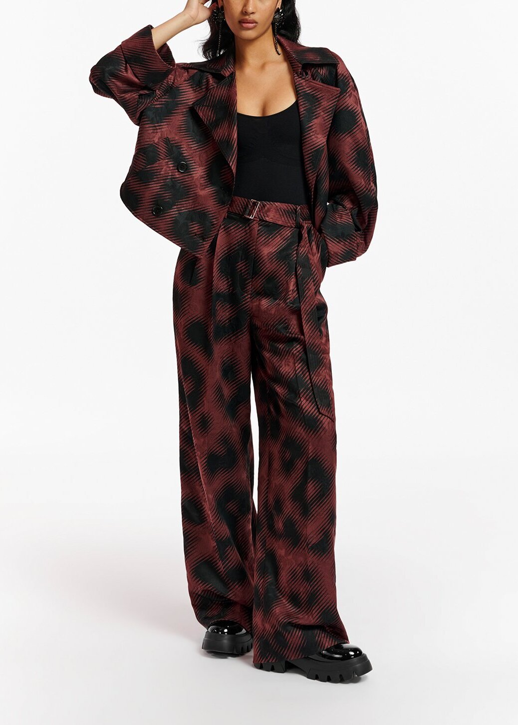 Brown jacquard belted pants with leopard print RE—SSENTIEL | Essentiel second hand