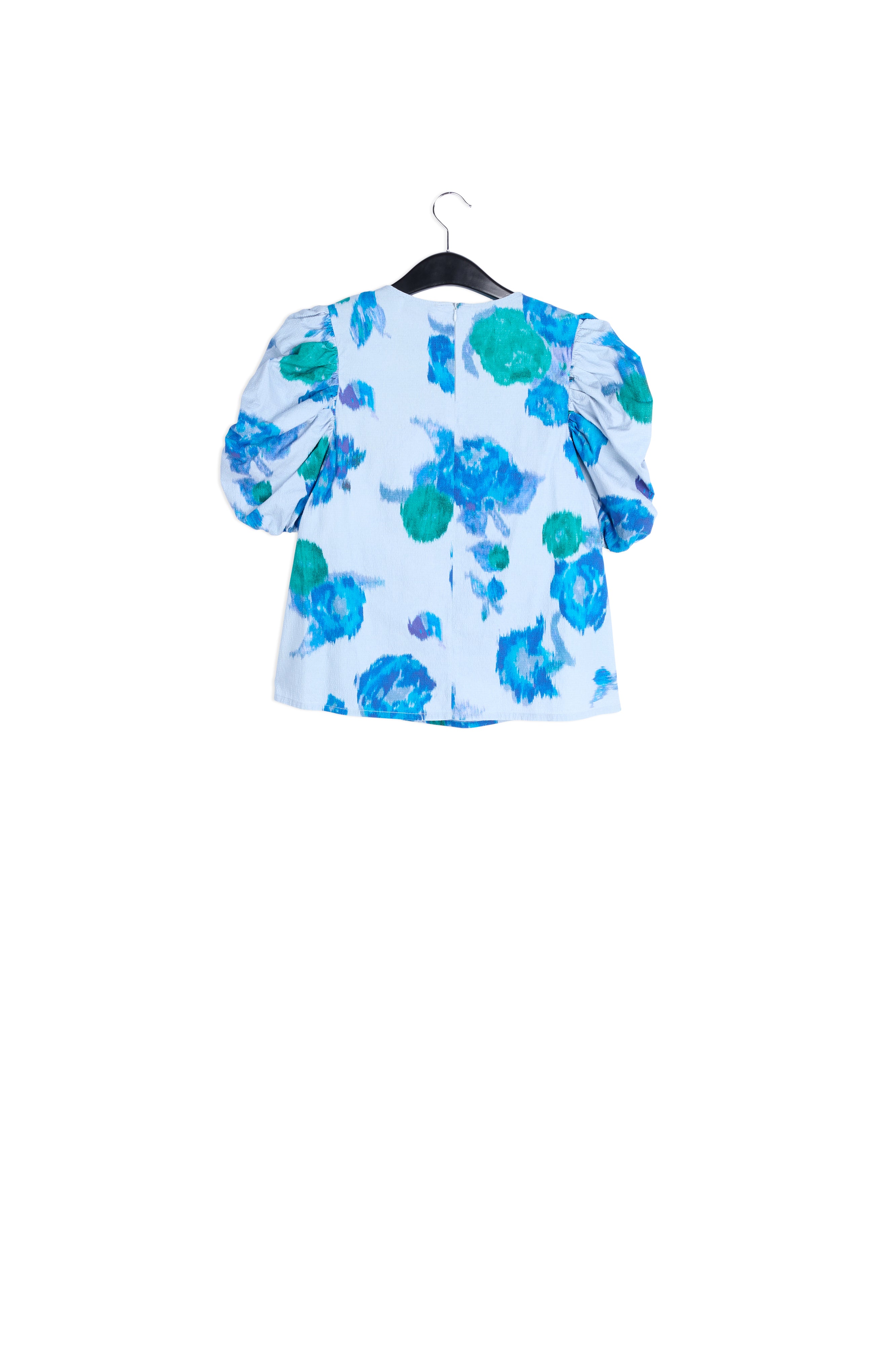 Light blue puffed sleeve top with floral print RE—SSENTIEL | Essentiel second hand