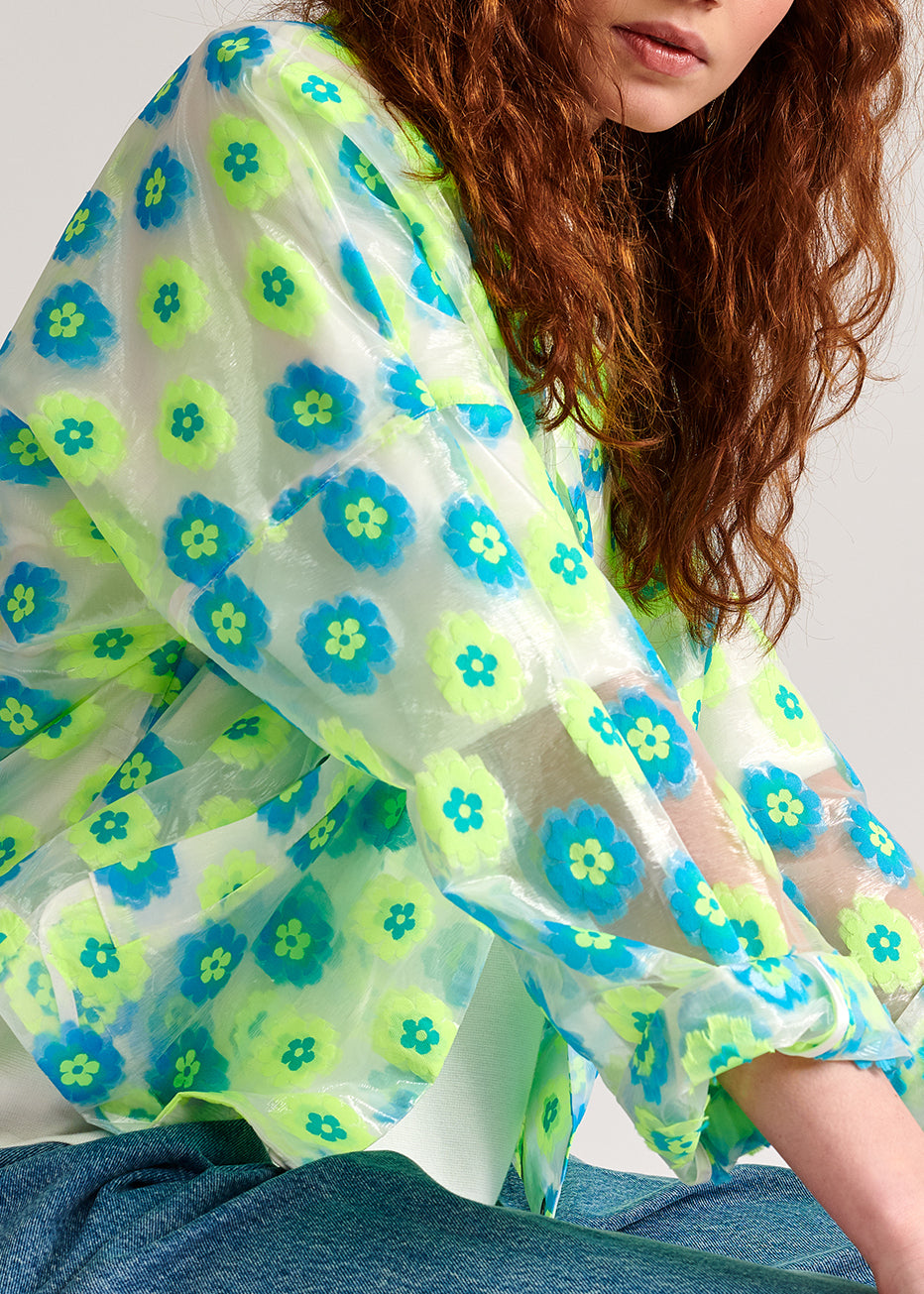 Neon green and blue floral-print see-through jacket RE—SSENTIEL | Essentiel second hand