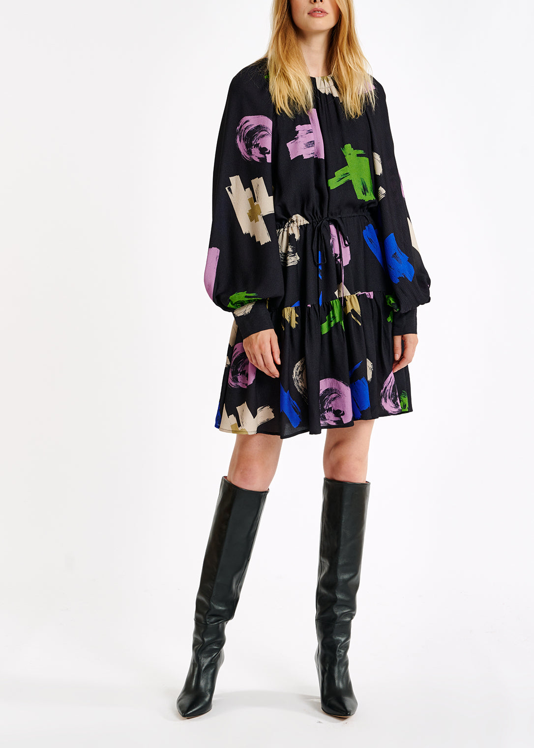 Dark blue, lilac and off-white graphic print mini dress RE—SSENTIEL | Essentiel second hand