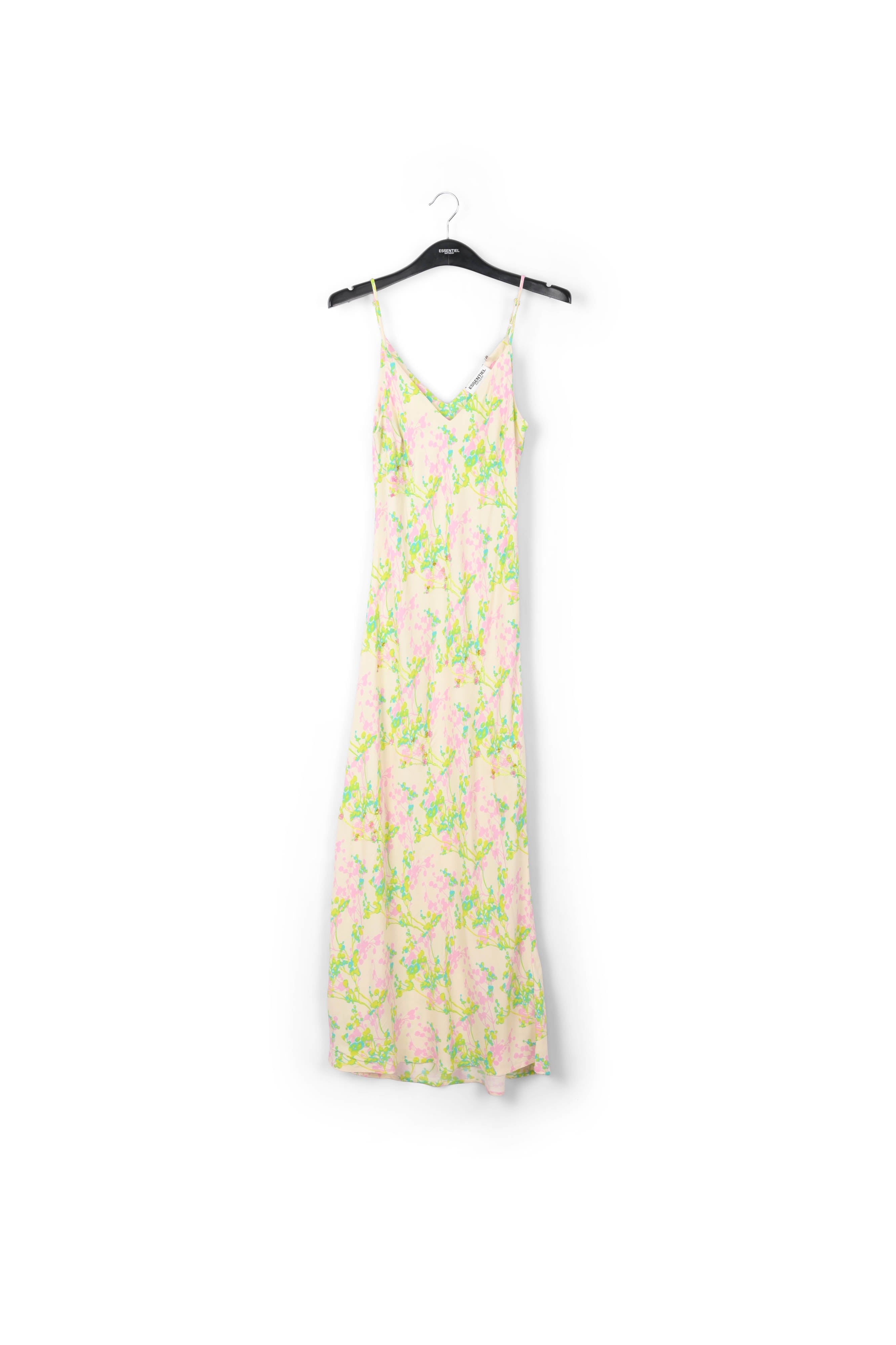 Ecru, pink and lime green floral print maxi-length slip dress RE—SSENTIEL | Essentiel second hand