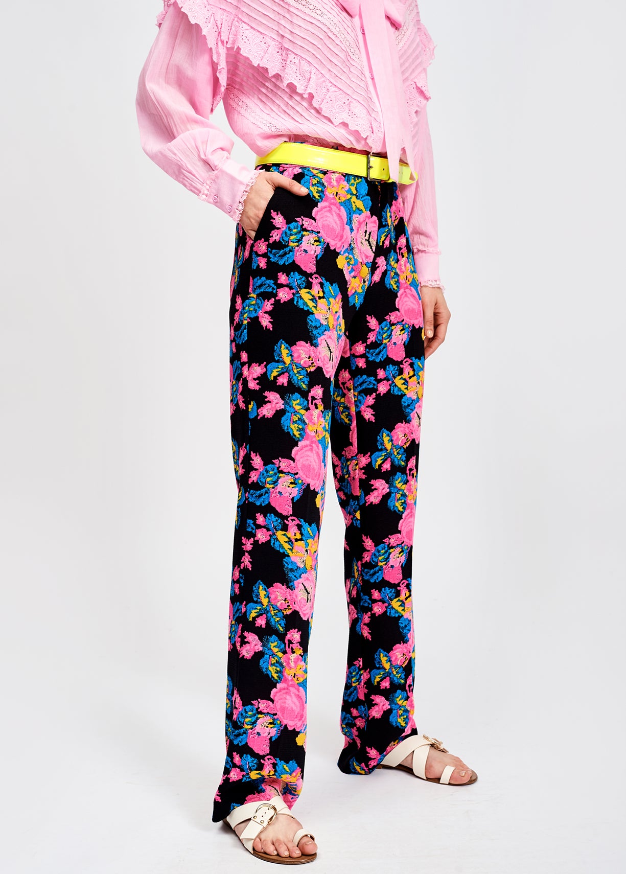 Colorful print black trousers with front crease RE—SSENTIEL | Essentiel second hand