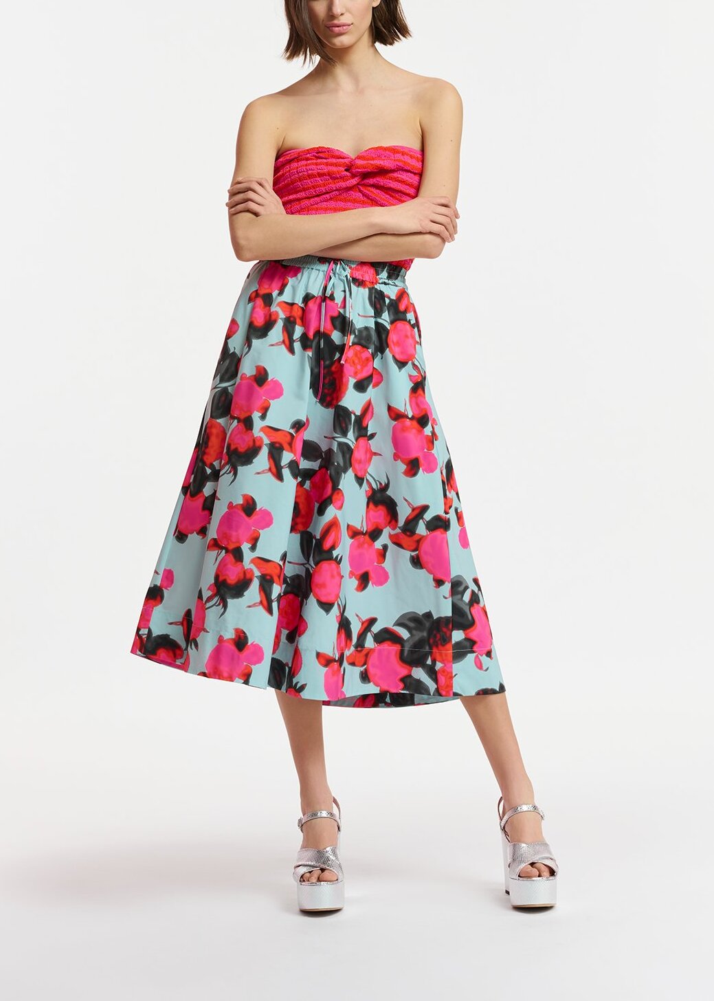 Light blue midi-length A-line skirt with floral print RE—SSENTIEL | Essentiel second hand
