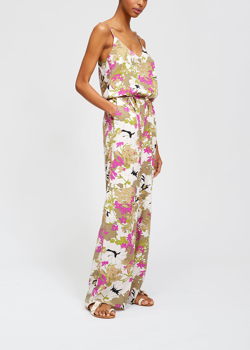 White, pink and khaki green floral jumpsuit RE—SSENTIEL | Essentiel second hand