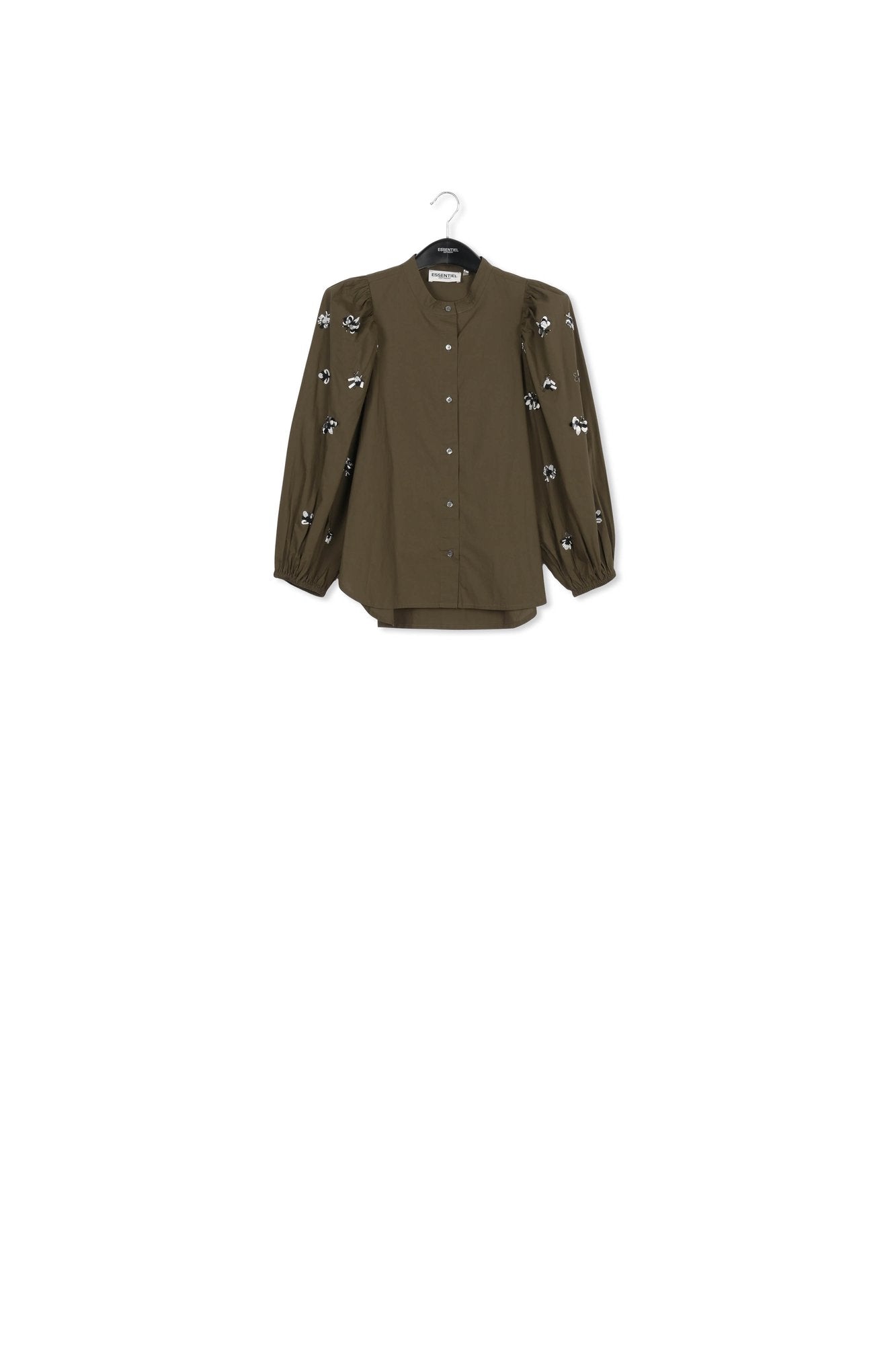 Khaki green cotton-poplin embroidered puffed-sleeve shirt RE—SSENTIEL | Essentiel second hand