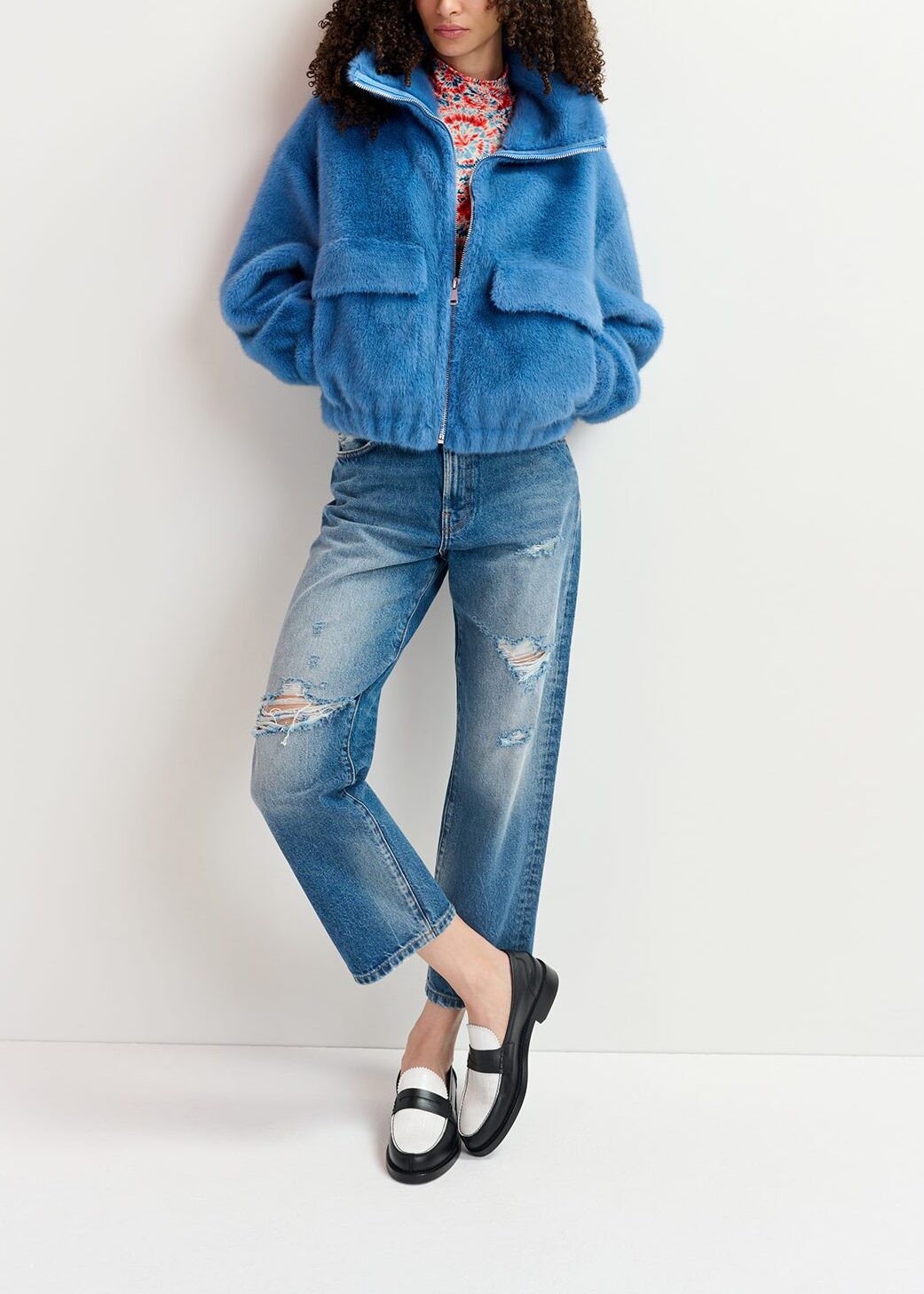 Dark blue faux fur bomber jacket RE—SSENTIEL | Essentiel second hand