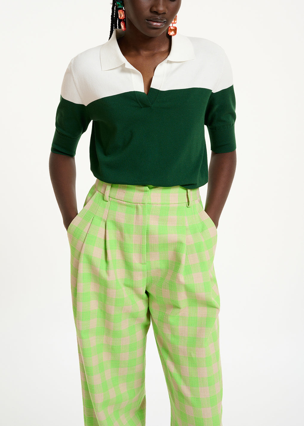 Dark green and white knitted polo top RE—SSENTIEL | Essentiel second hand