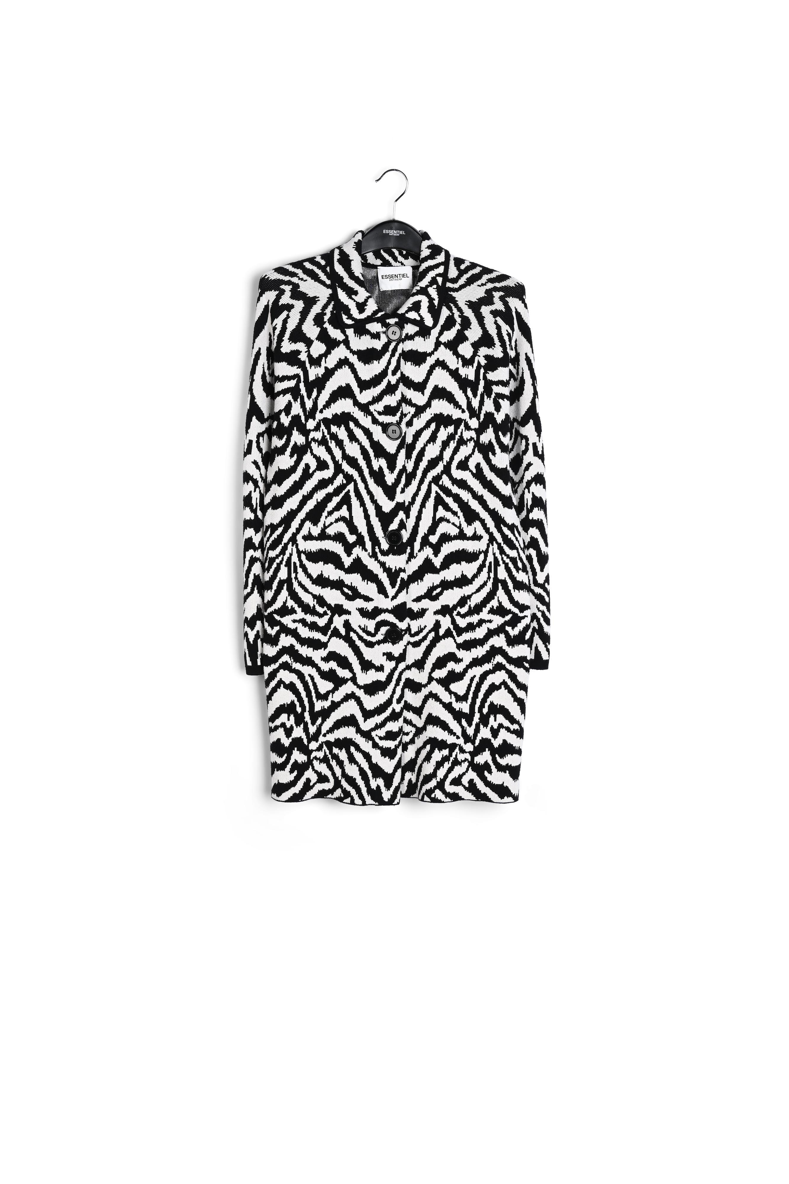 Long black and off-white jacquard coat with zebra motif RE—SSENTIEL | Essentiel second hand