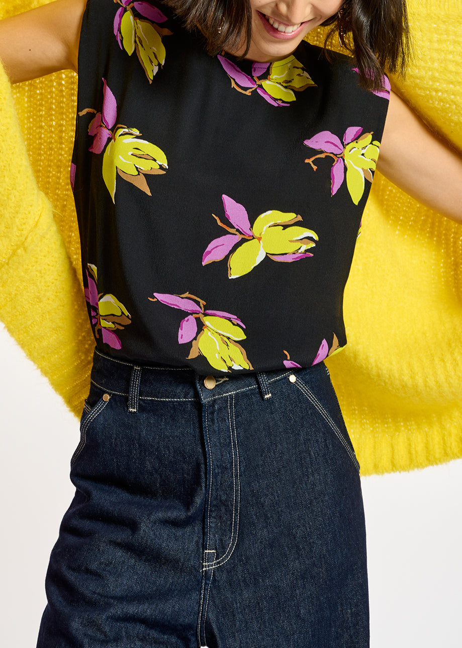 Black floral-print sleeveless top with padded shoulders RE—SSENTIEL | Essentiel second hand