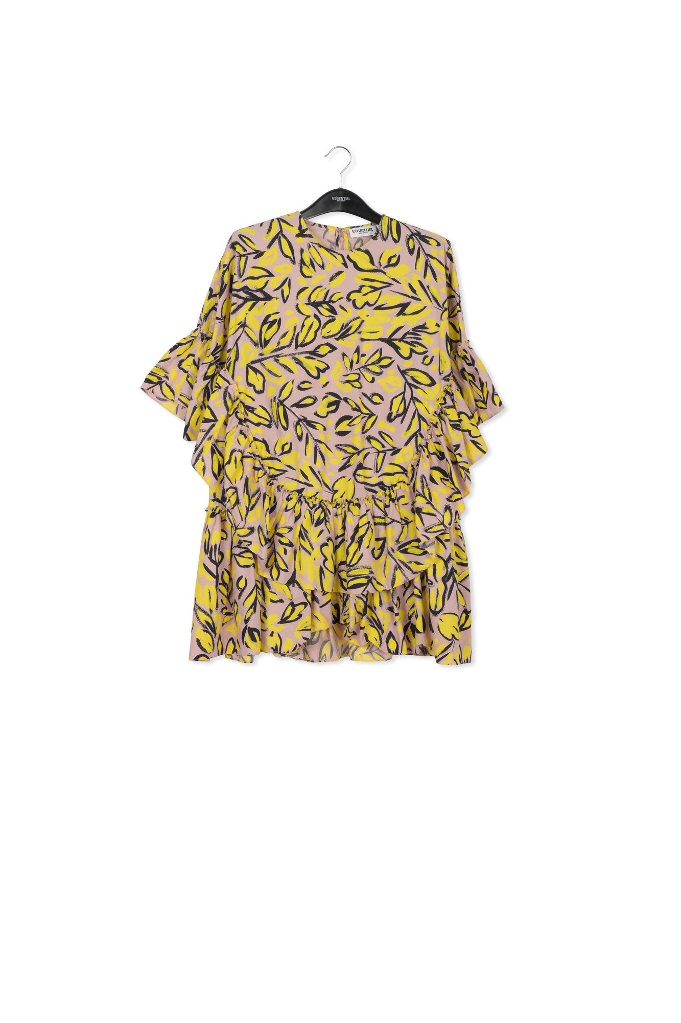 Beige ruffled cotton dress with floral print RE—SSENTIEL | Essentiel second hand