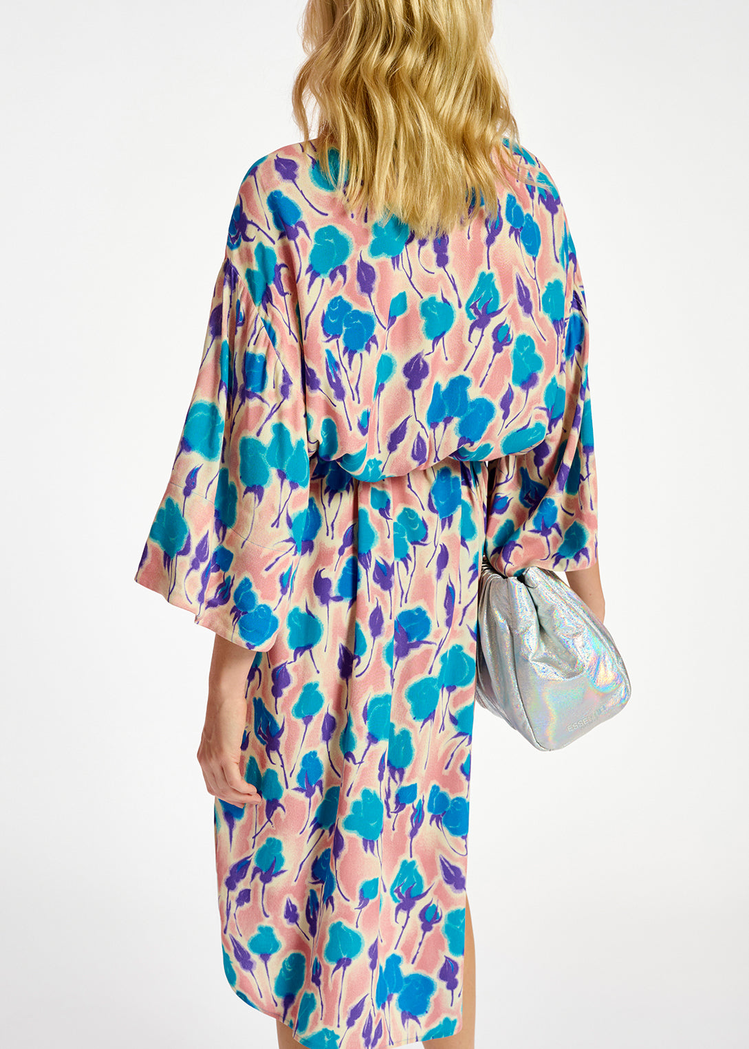Light pink, blue and purple floral print midi-length dress RE—SSENTIEL | Essentiel second hand