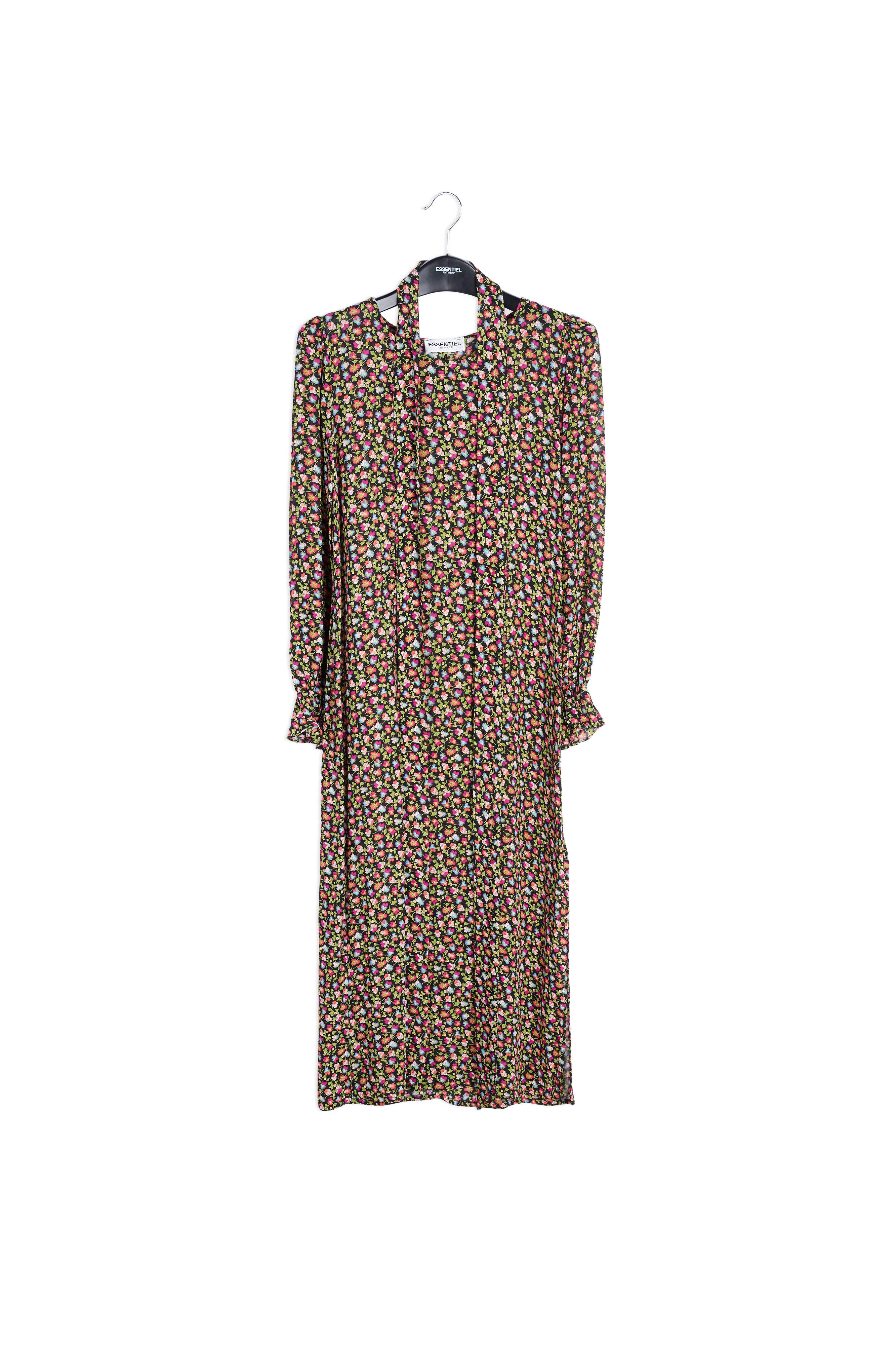 Midi-jurk met riem en zwarte, lichtgroene en fuchsia bloemenprint RE—SSENTIEL | Essentiel second hand