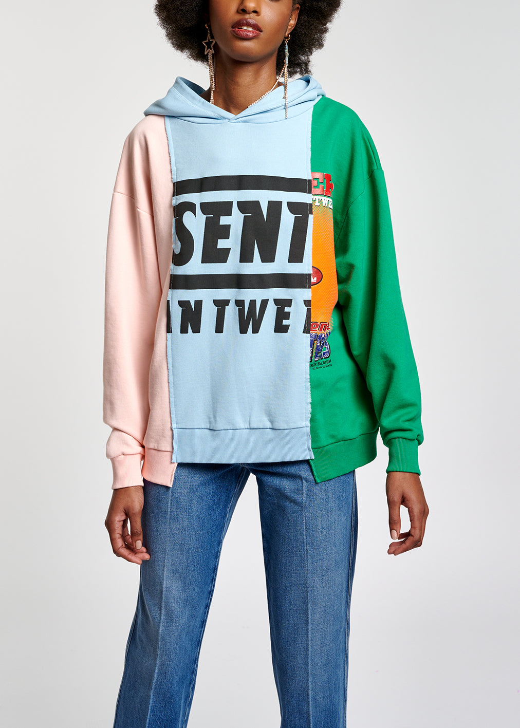 Light blue, pink and green patchwork hooded sweatshirt RE—SSENTIEL | Essentiel second hand