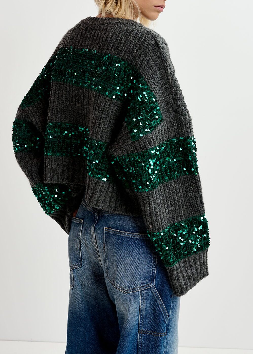 Dark grey and dark green knit sweater with sequin-embellished stripes RE—SSENTIEL | Essentiel second hand
