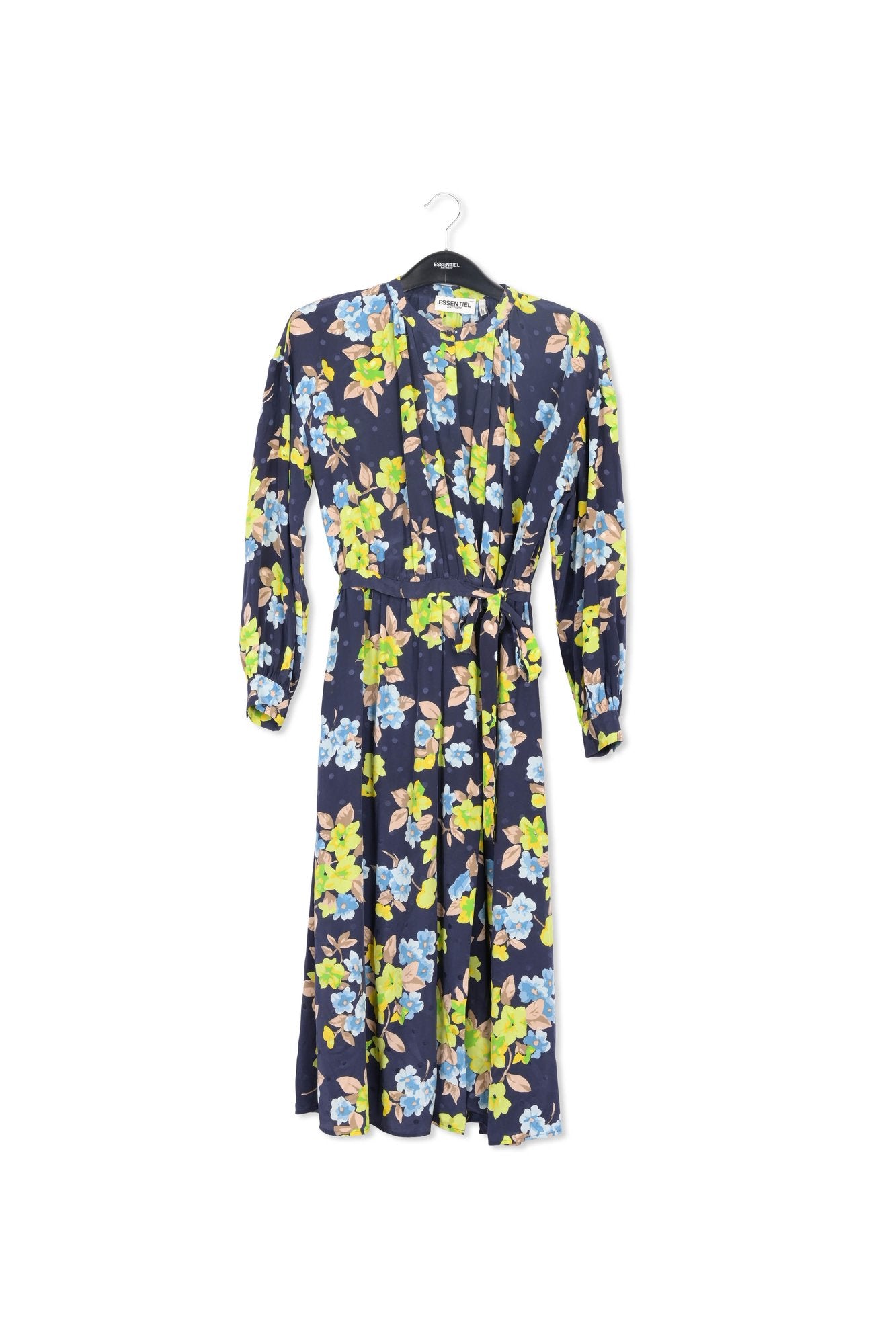 Donkerblauwe zijden hemdjurk met bloemen en stippen RE—SSENTIEL | Essentiel second hand