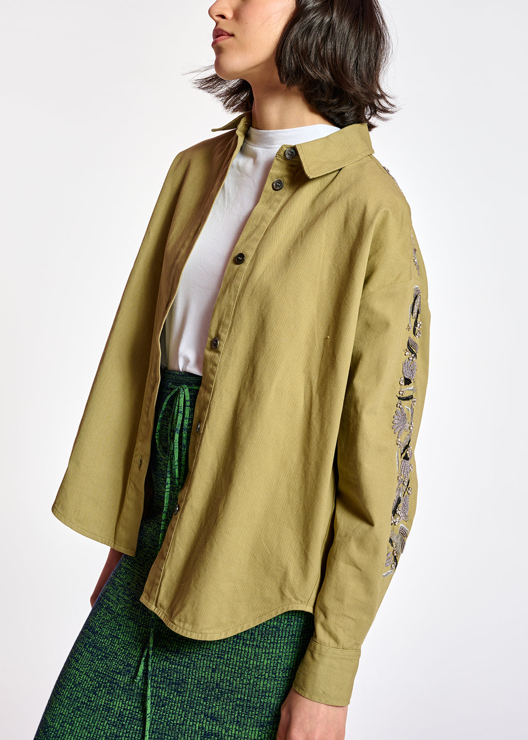 Khaki cotton shirt with bead embroidery RE—SSENTIEL | Essentiel second hand