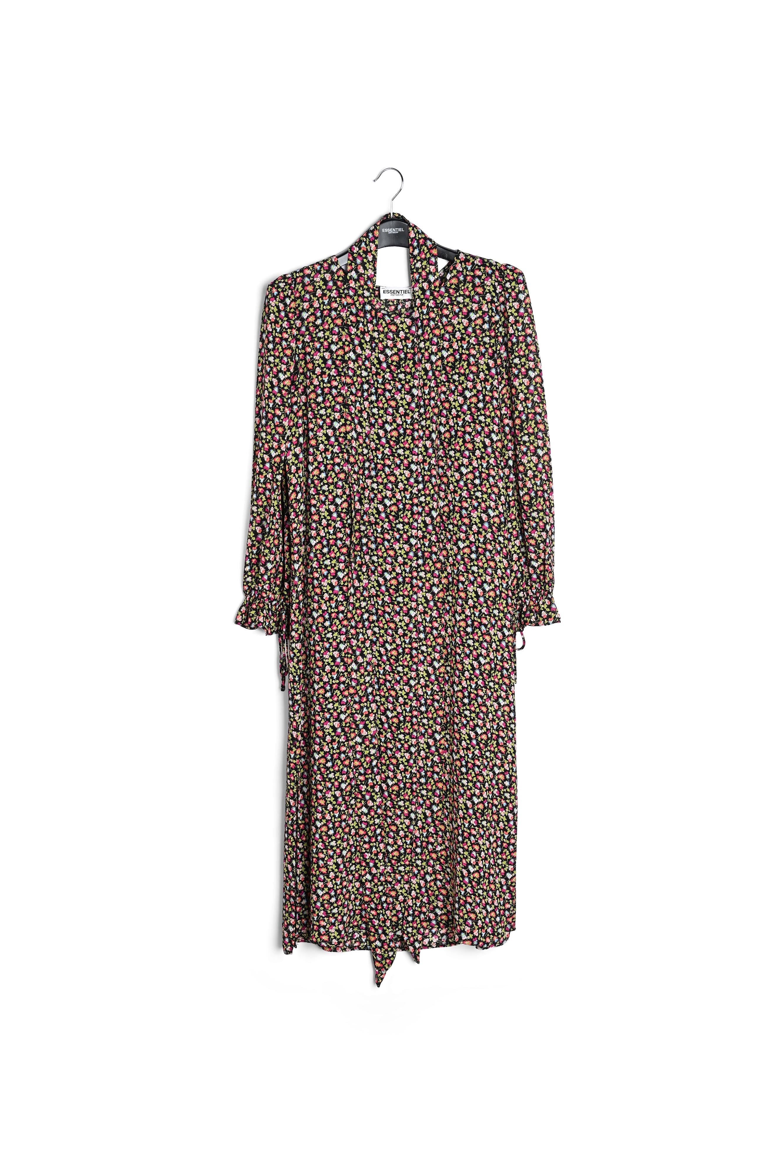 Midi-jurk met riem en zwarte, lichtgroene en fuchsia bloemenprint RE—SSENTIEL | Essentiel second hand