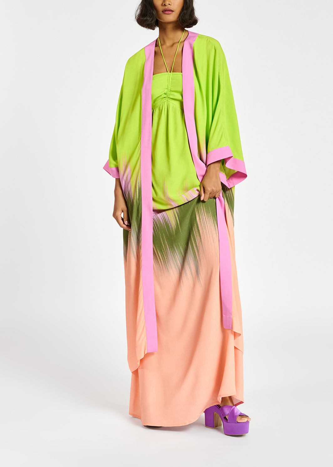 Lime green, peach and khaki kimono with dip-dyed effect RE—SSENTIEL | Essentiel second hand