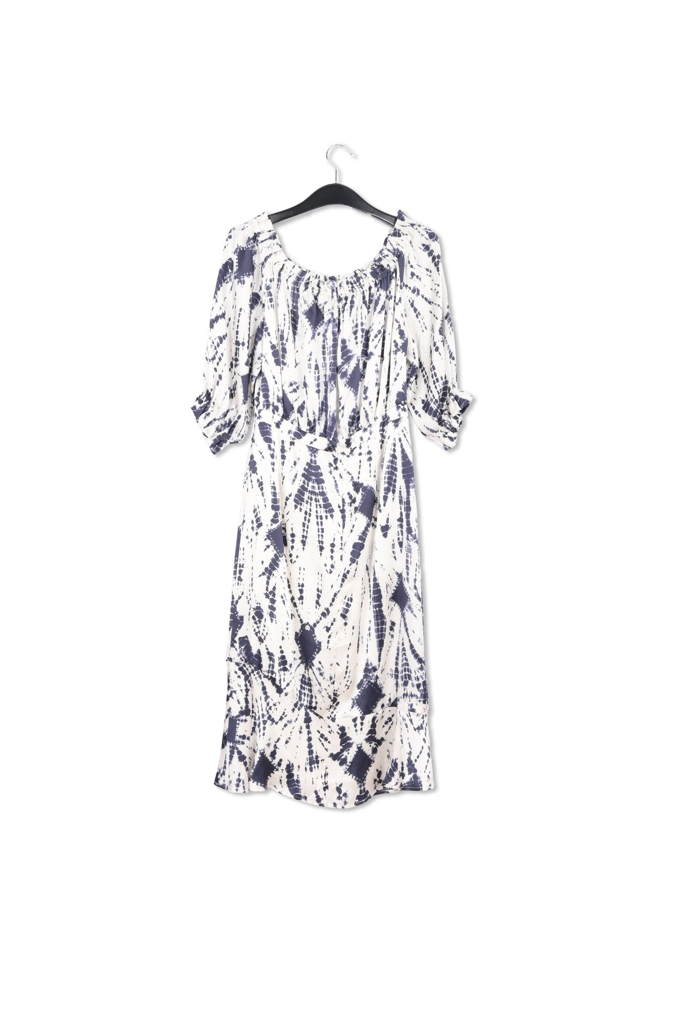 Off-white and dark blue tie-dyed off-the-shoulder silk dress RE—SSENTIEL | Essentiel second hand
