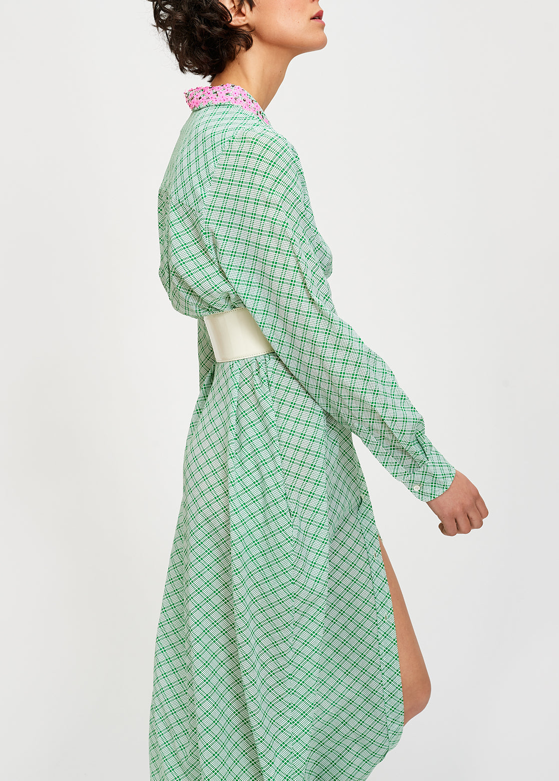 Green and white large check shirt dress with sequined collar RE—SSENTIEL | Essentiel second hand