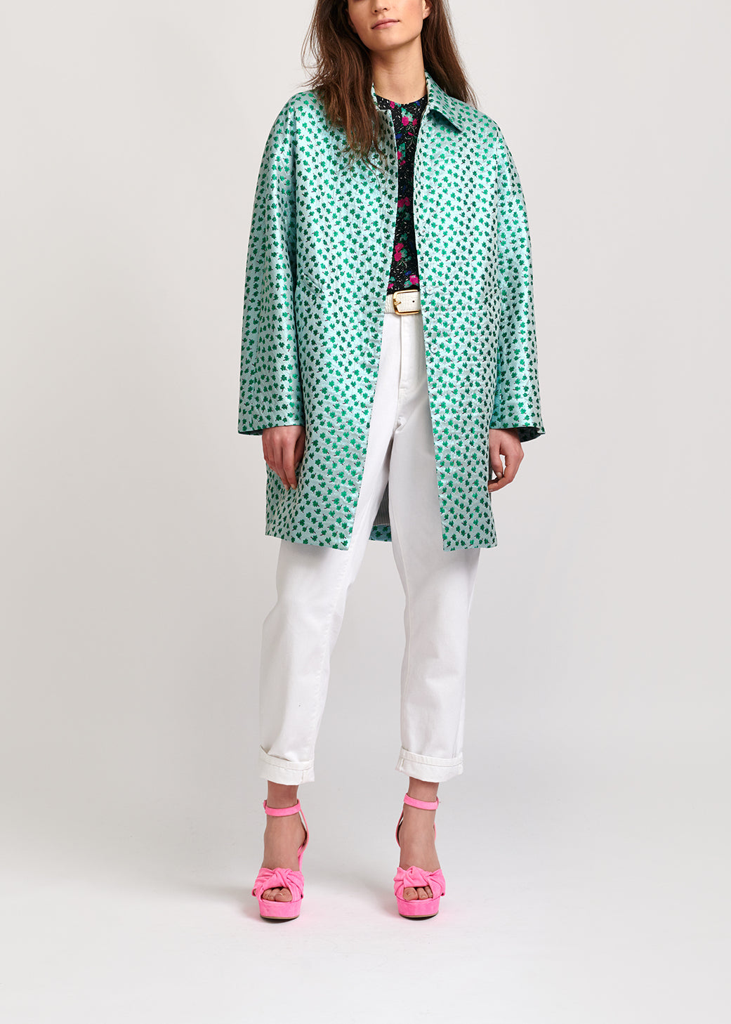 Mint green clover-print single-breasted coat RE—SSENTIEL | Essentiel second hand
