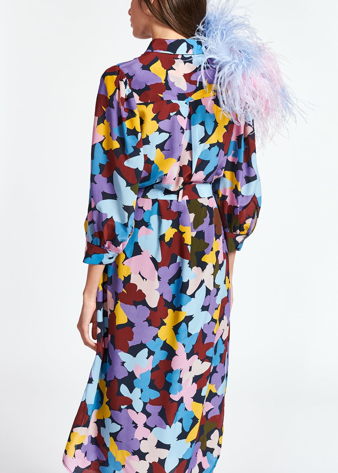Silk burgundy, lilac and blue butterfly-print midi dress RE—SSENTIEL | Essentiel second hand