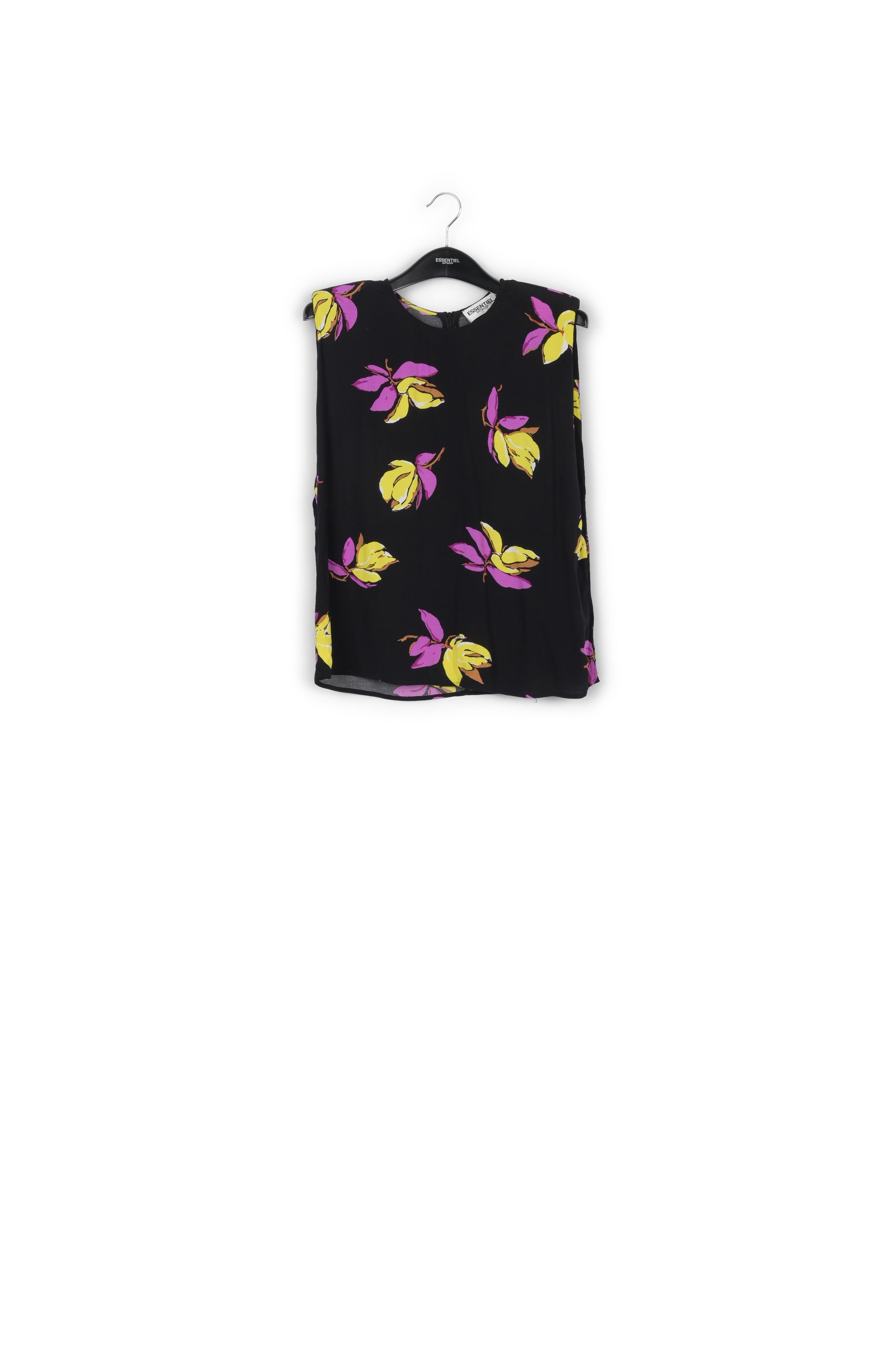Black floral-print sleeveless top with padded shoulders RE—SSENTIEL | Essentiel second hand