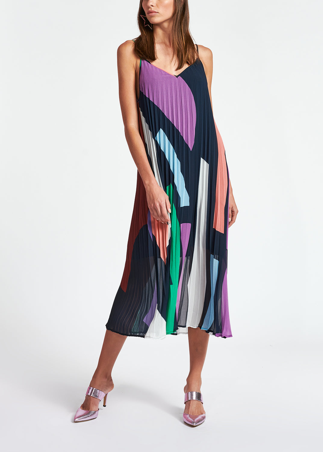 Dark blue graphic print plissé midi dress RE—SSENTIEL | Essentiel second hand