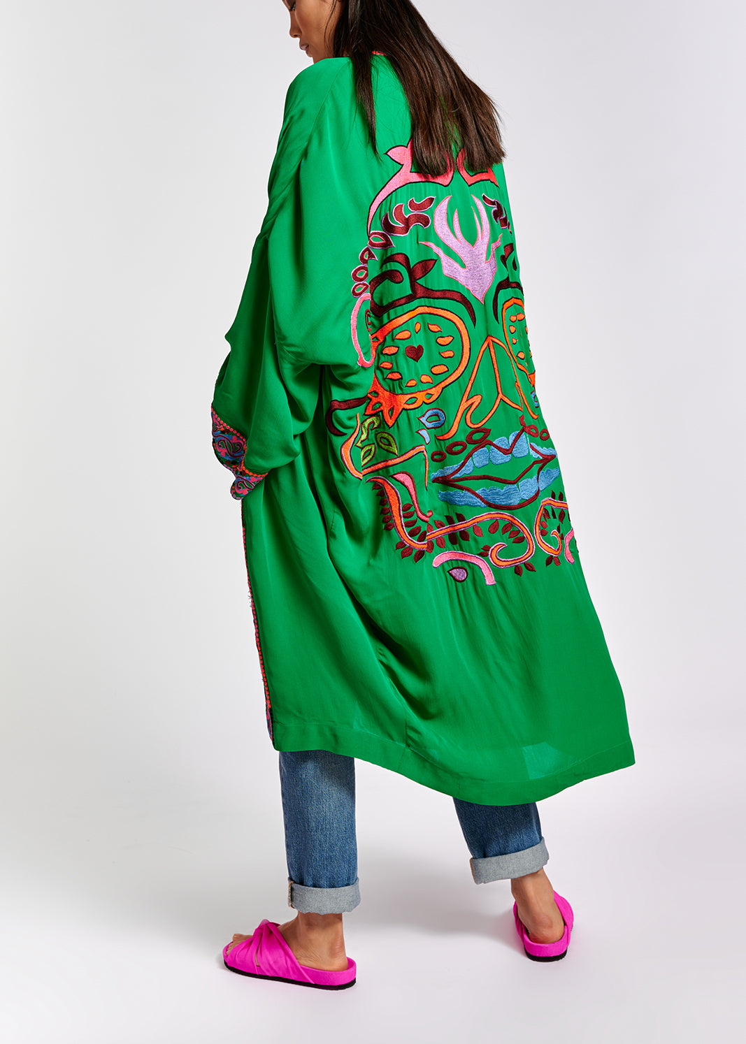 Green kimono with colorful embroideries RE—SSENTIEL | Essentiel second hand