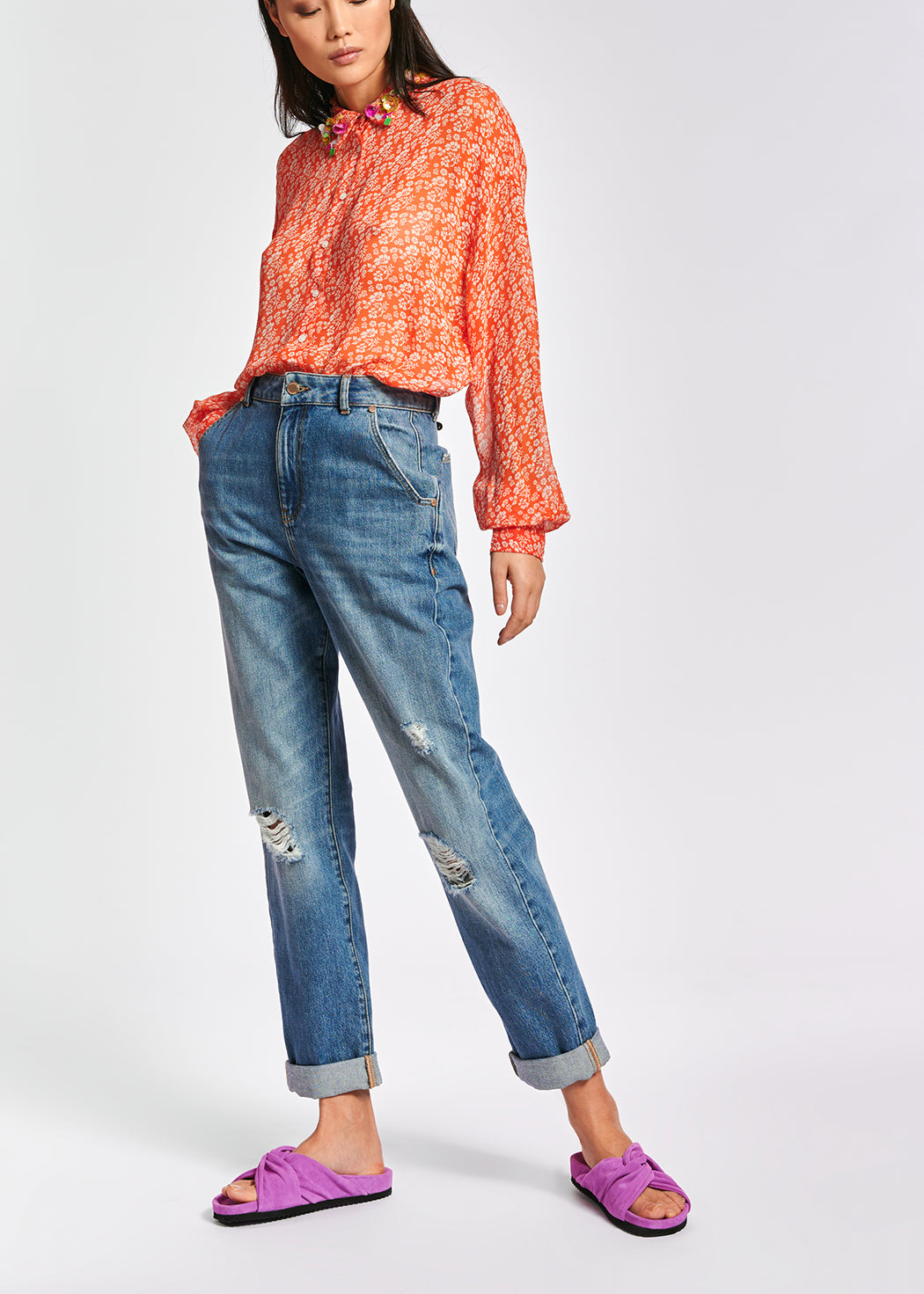 Orange floral-print shirt with sequin collar RE—SSENTIEL | Essentiel second hand