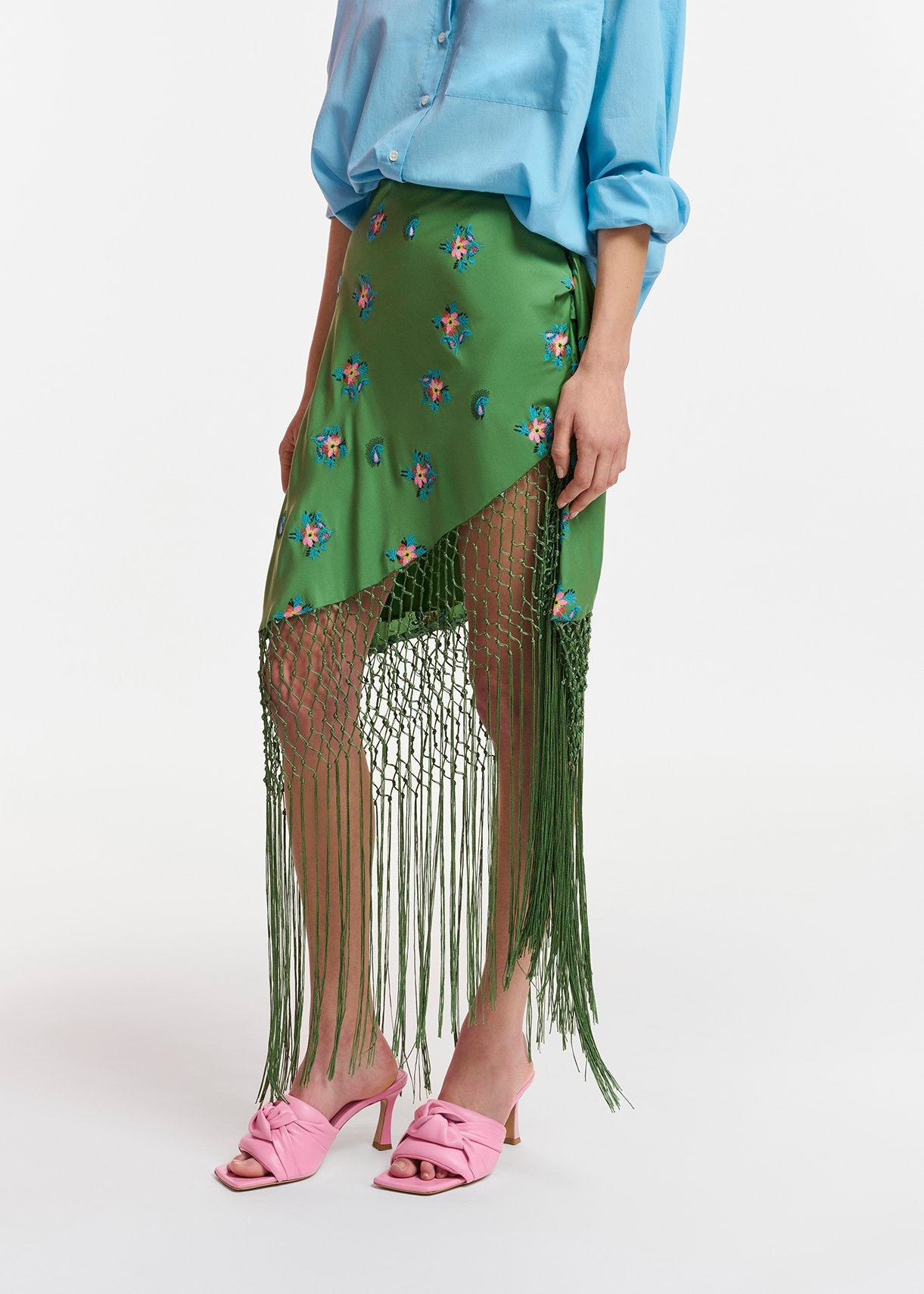 Dark green embroidered front-tie mini skirt with fringes RE—SSENTIEL | Essentiel second hand