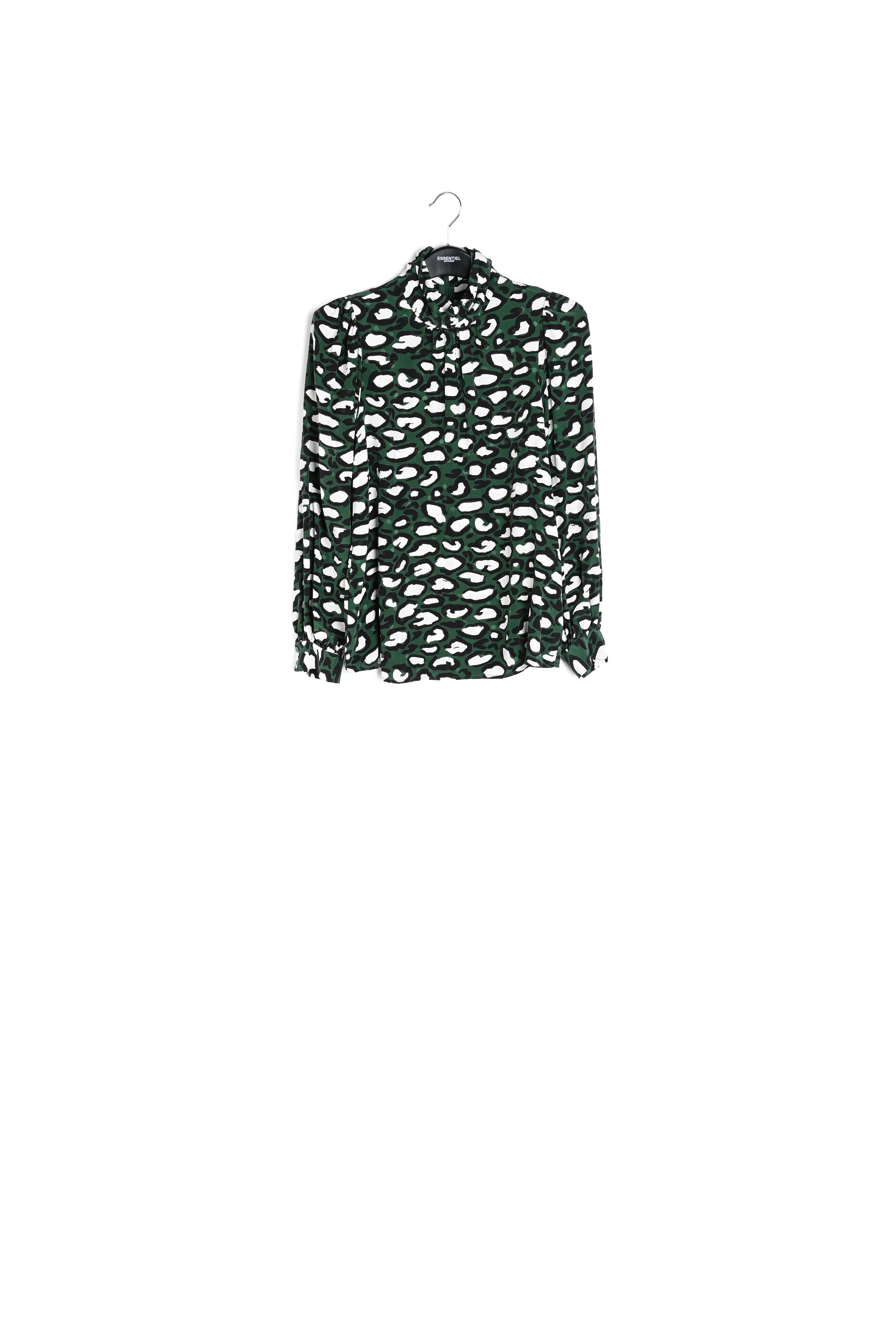 Flesgroene zijden top met opstaande kraag en luipaardprint RE—SSENTIEL | Essentiel second hand