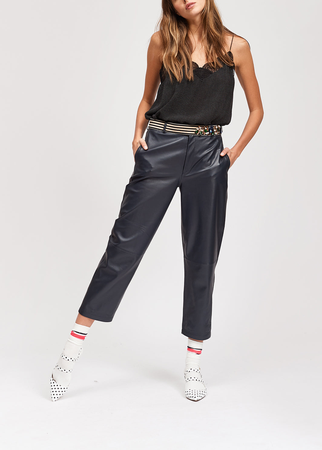 Black lace-trimmed polka dot slip top RE—SSENTIEL | Essentiel second hand