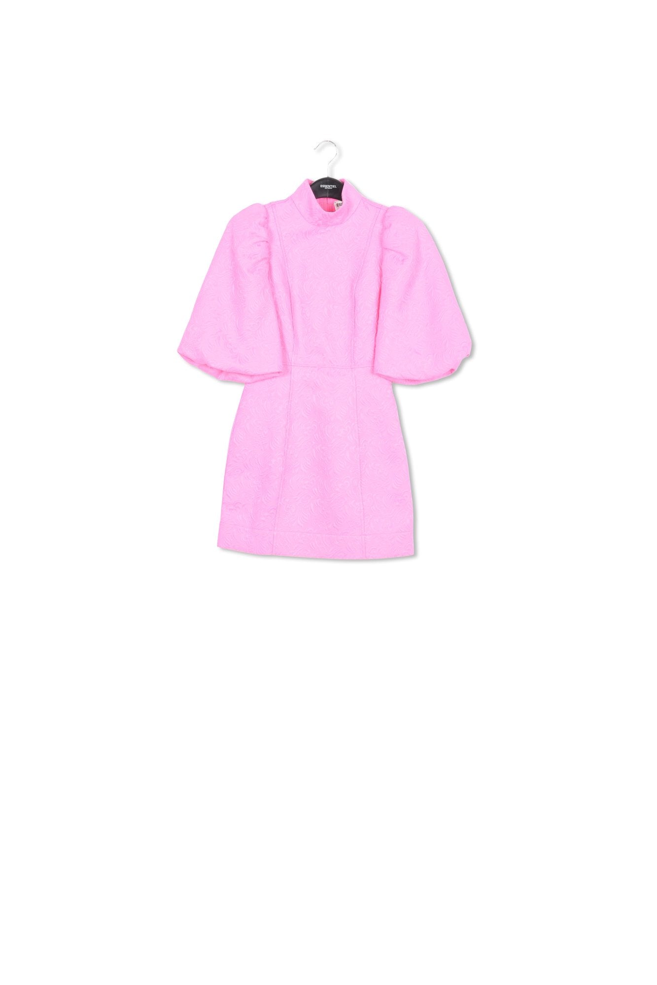 Bright pink jacquard mini dress with puffed sleeves RE—SSENTIEL | Essentiel second hand
