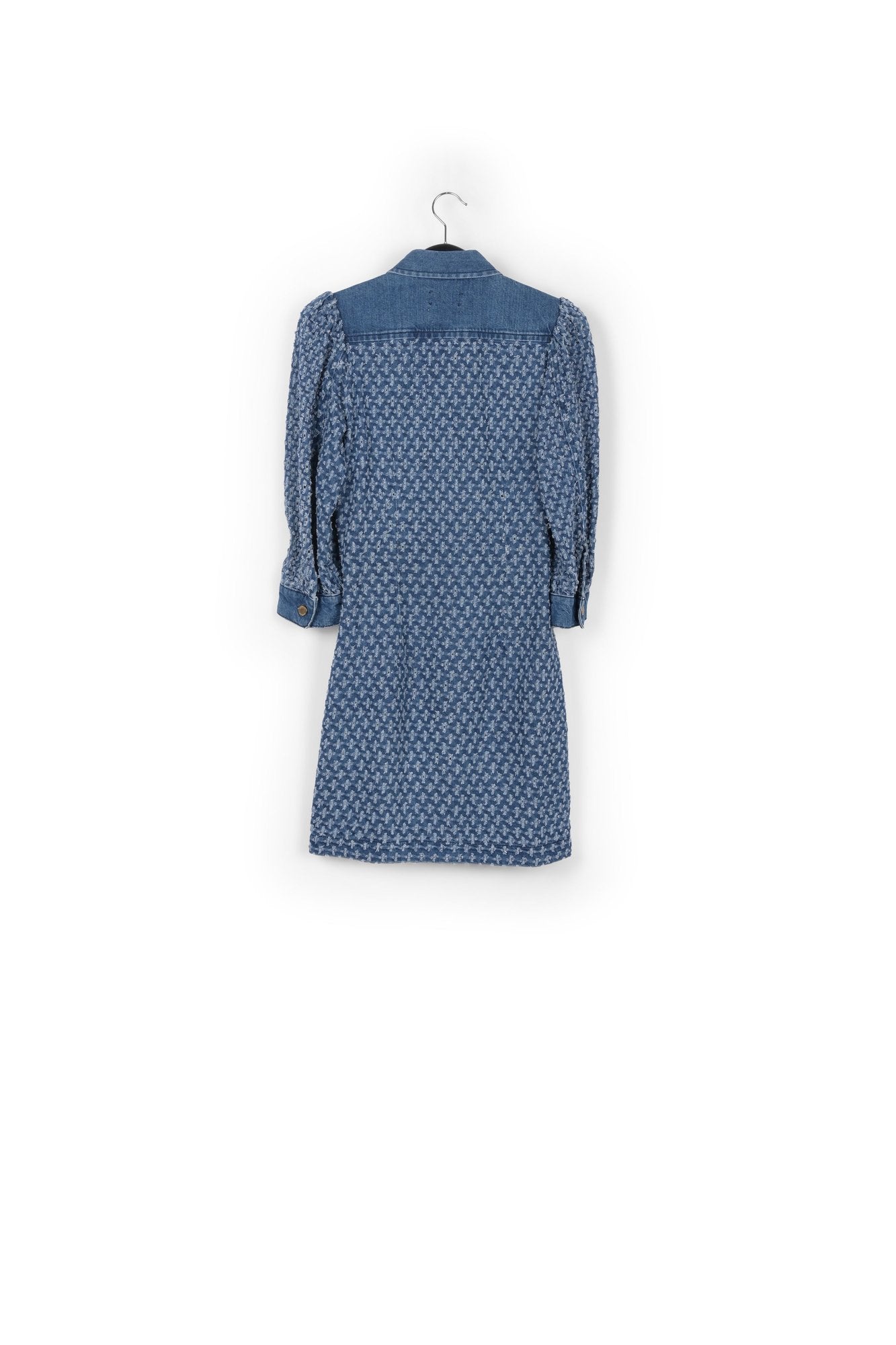 Dark blue perforated denim puffed sleeves mini dress RE—SSENTIEL | Essentiel second hand