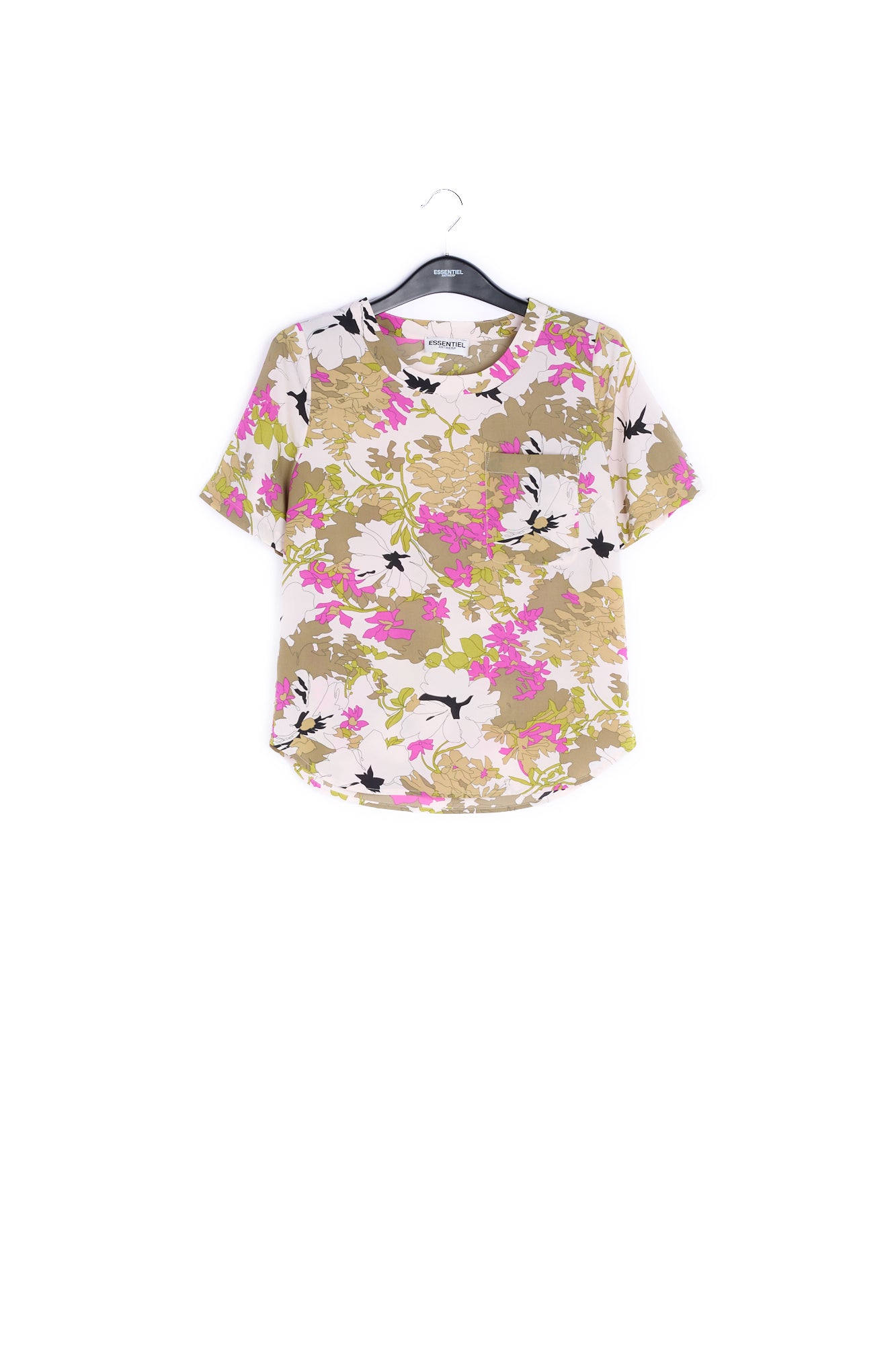 Khaki green, white and pink floral print top RE—SSENTIEL | Essentiel second hand