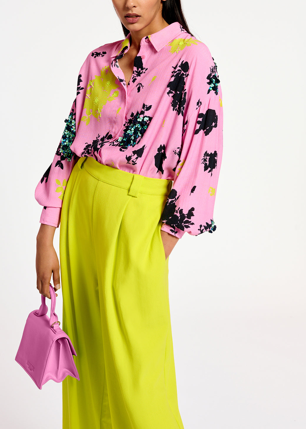 Pink, black and yellow floral print shirt RE—SSENTIEL | Essentiel second hand