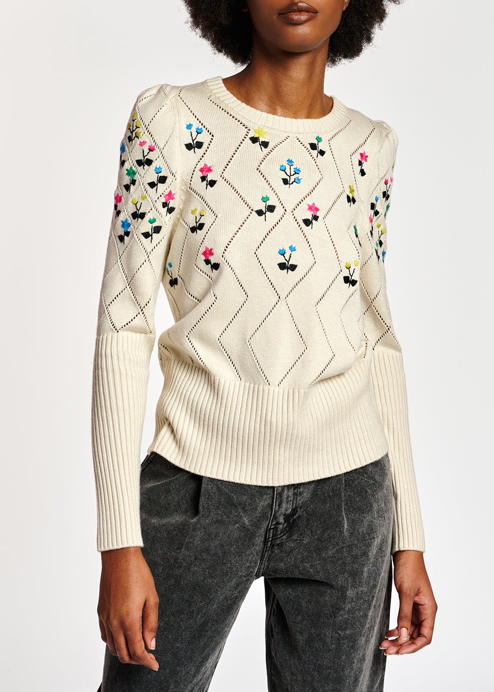 Pull beige en tricot pointelle avec broderies RE—SSENTIEL | Essentiel second hand