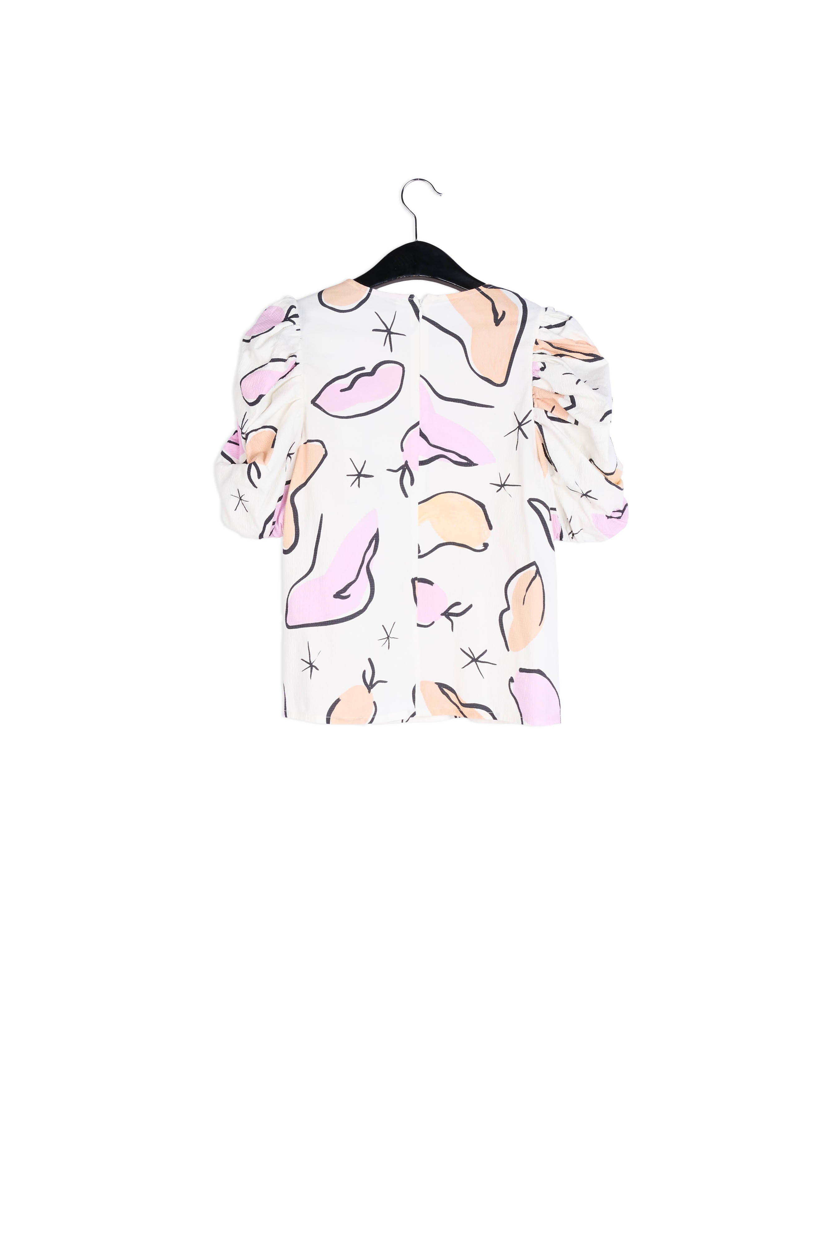 Witte top met pofmouwen en abstracte print RE—SSENTIEL | Essentiel second hand