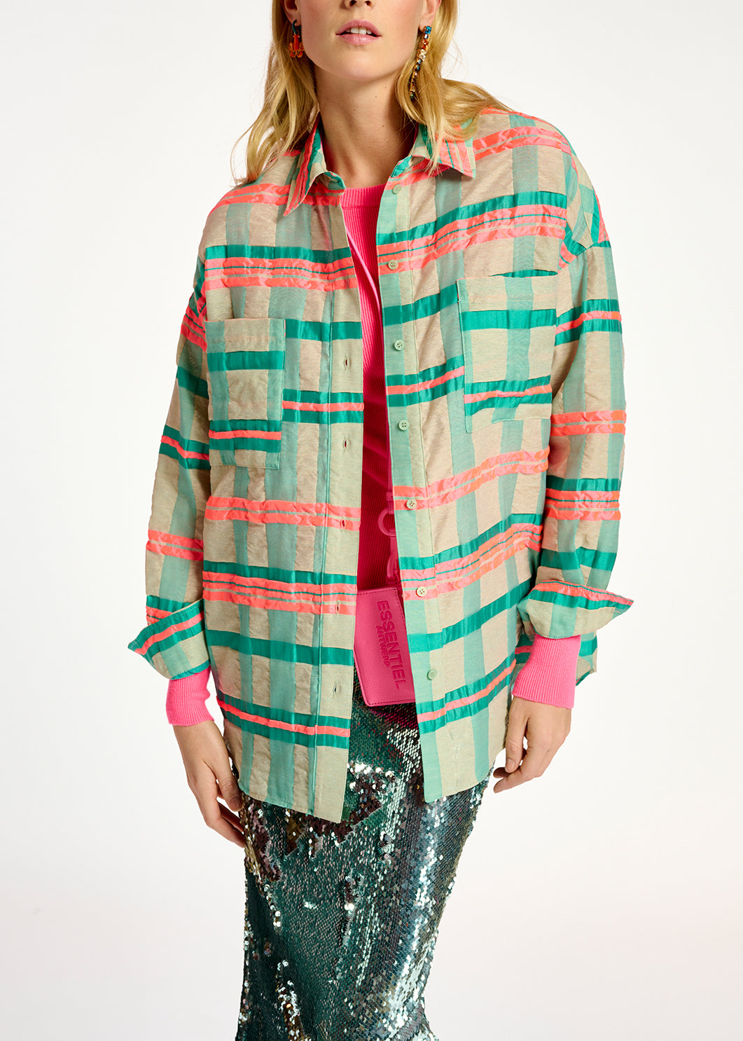 Light blue, turquoise and neon pink oversized shirt with check motif RE—SSENTIEL | Essentiel second hand