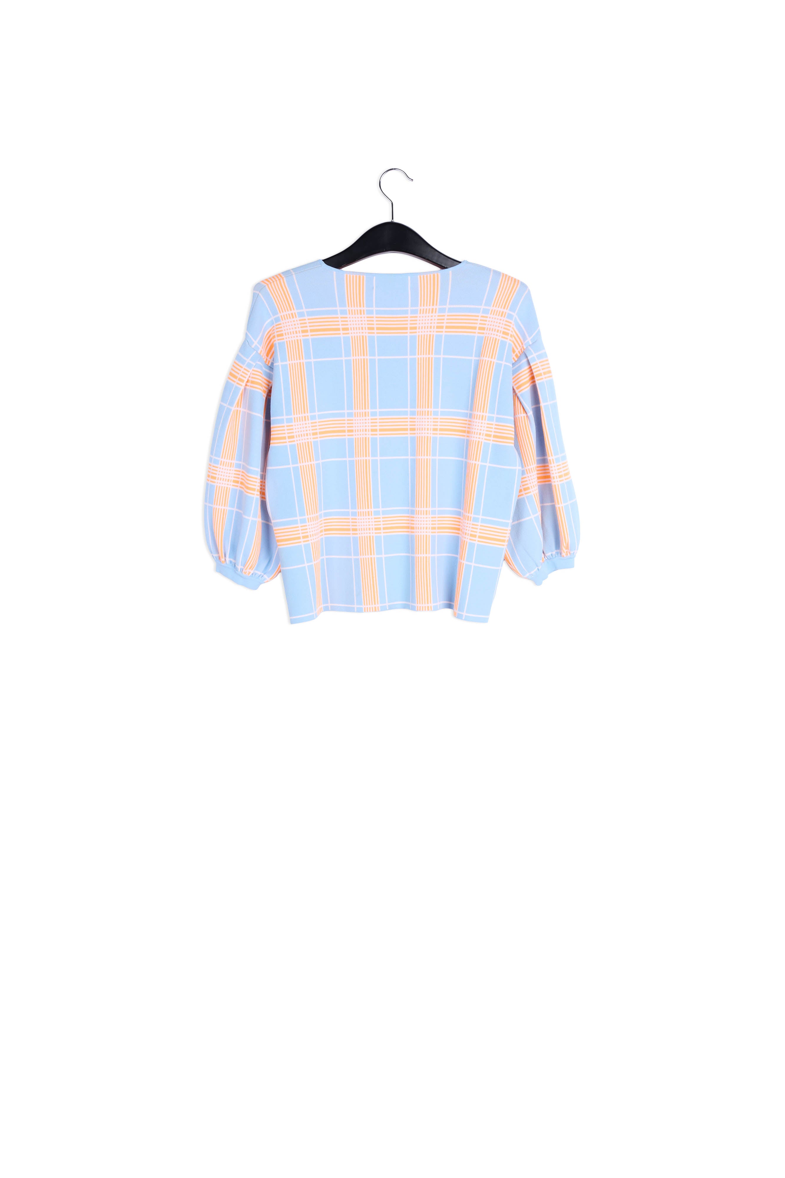 Light blue puffed sleeve knitted top with check motif RE—SSENTIEL | Essentiel second hand