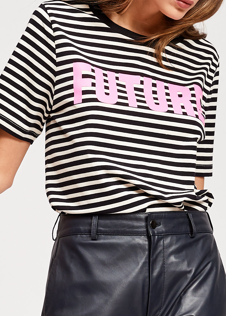 Black and white striped t-shirt with future print RE—SSENTIEL | Essentiel second hand