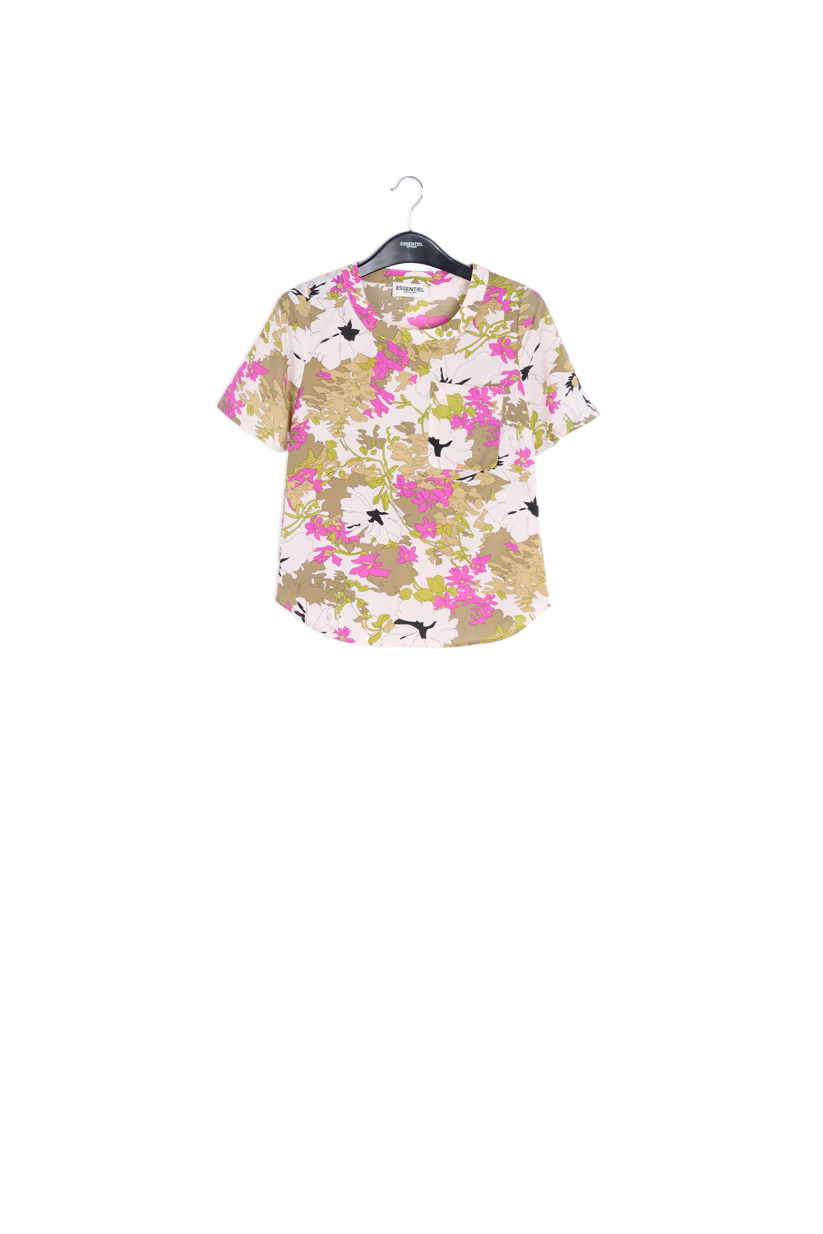 Khaki green, white and pink floral print top RE—SSENTIEL | Essentiel second hand