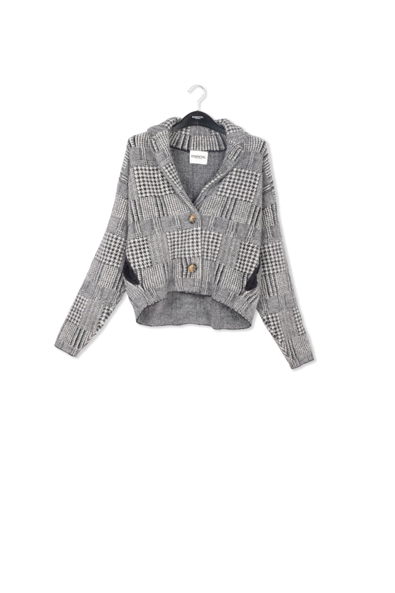 Black and off-white fuzzy knitted jacket RE—SSENTIEL | Essentiel second hand