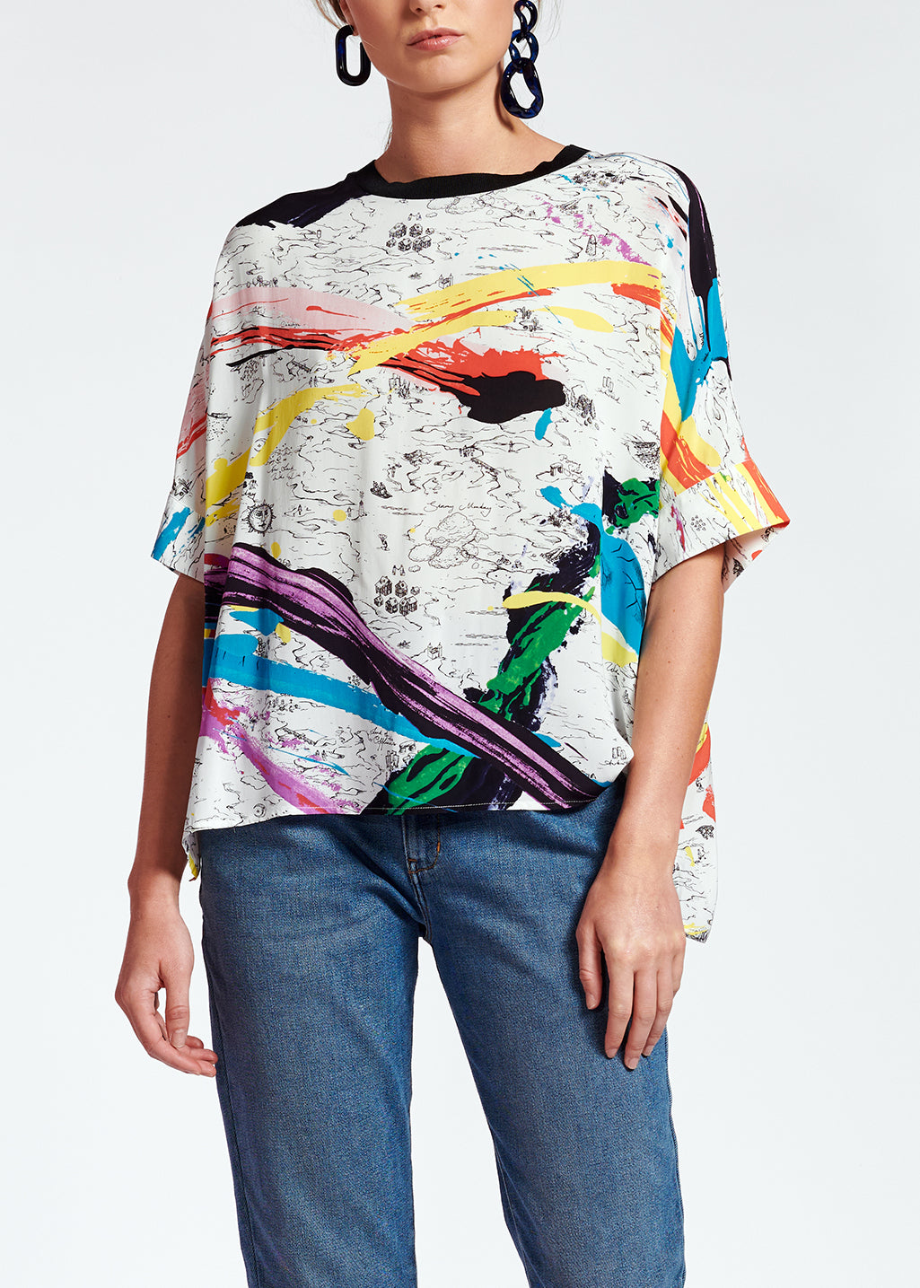 Off-white boxy top with colorful splatters RE—SSENTIEL | Essentiel second hand